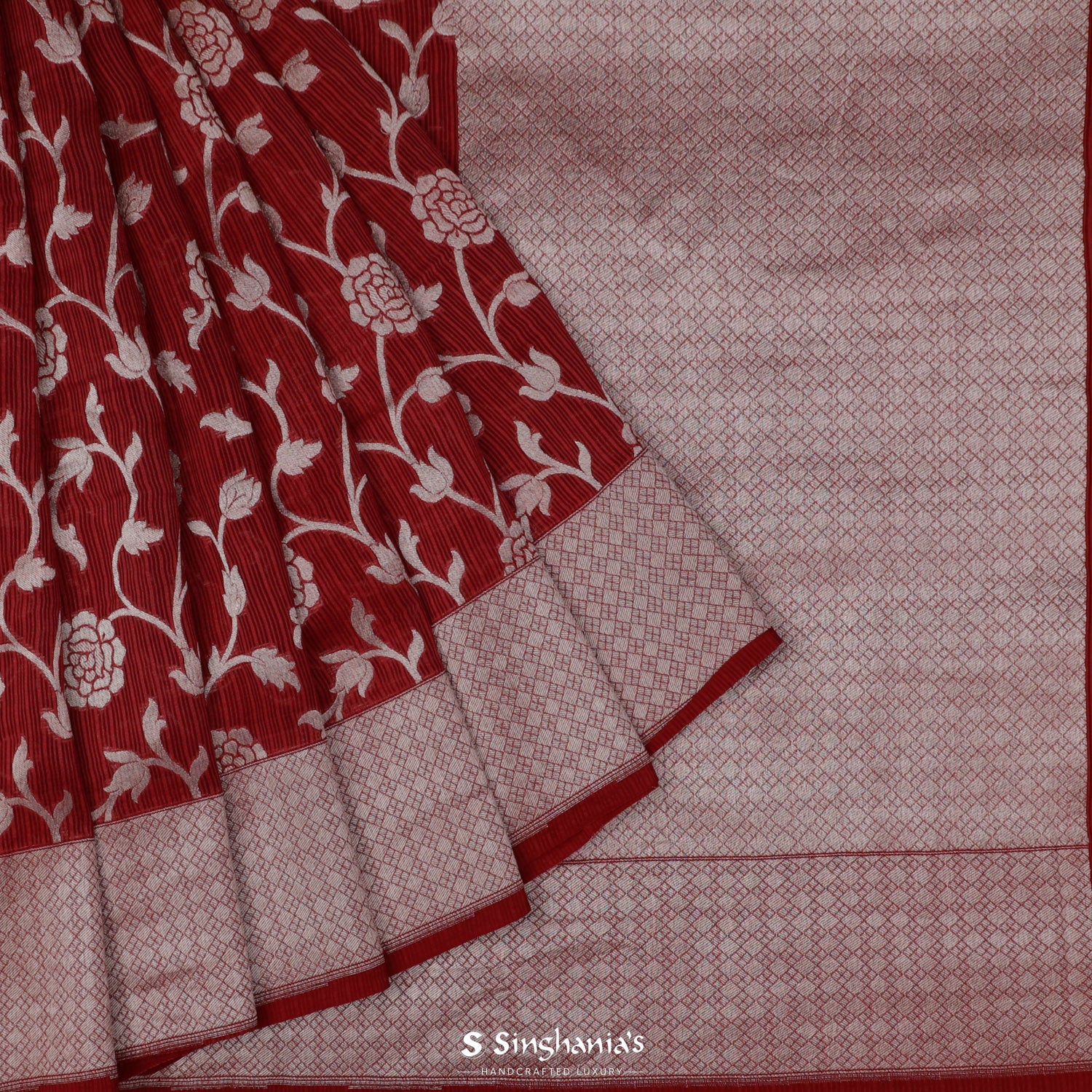 Dark Red Kota Saree With Floral Banarasi Weaving