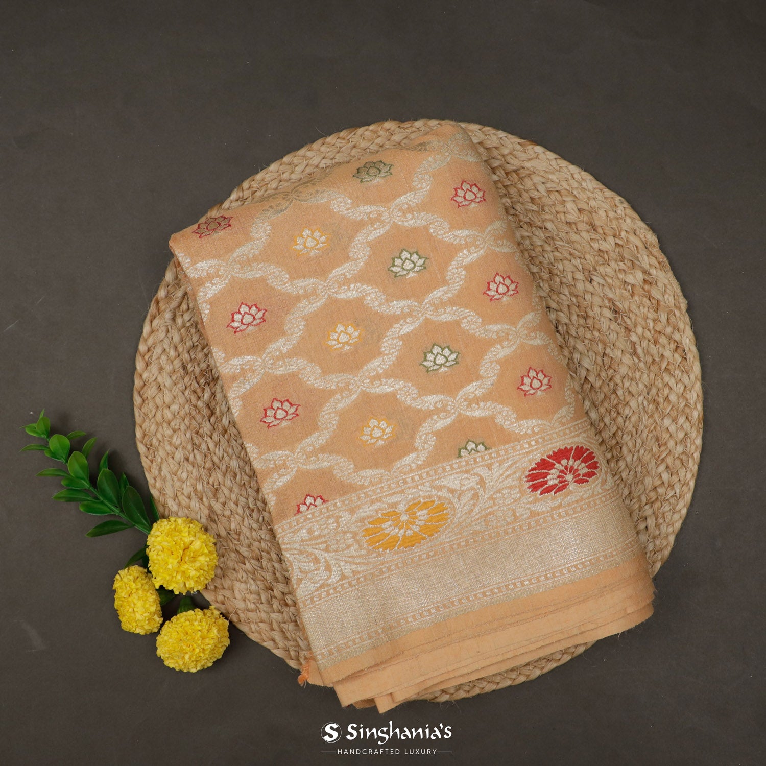 Wheat Orange Tussar Saree With Meenakari Floral Pattern