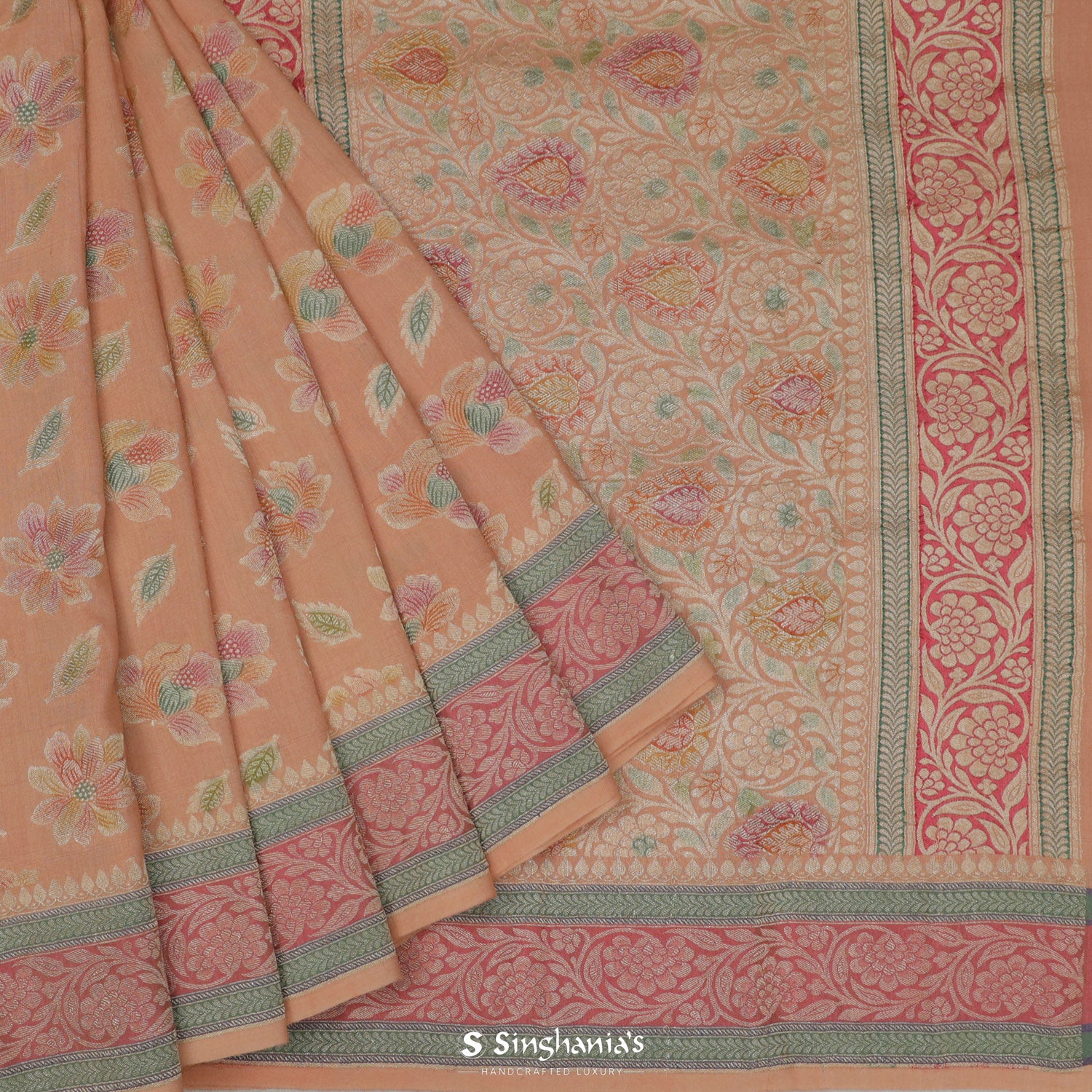 Melon Pink Tussar Saree With Banarasi Weaving