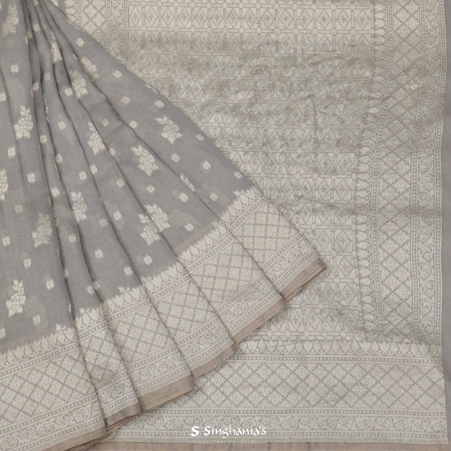 Battleship Gray Tussar Saree With Banarasi Weaving