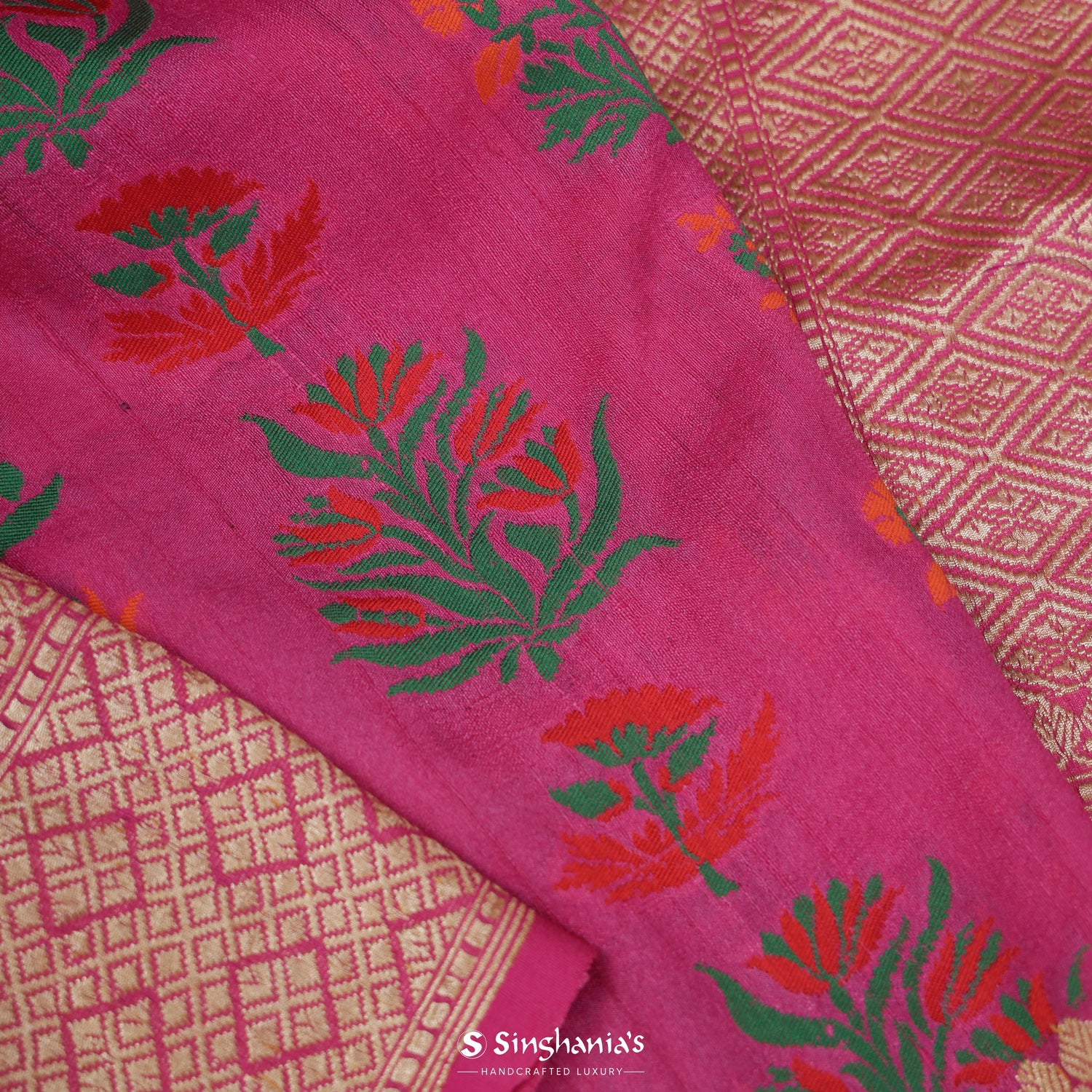 French Pink Tussar Silk Saree With Banarasi Weaving In Floral Buttas