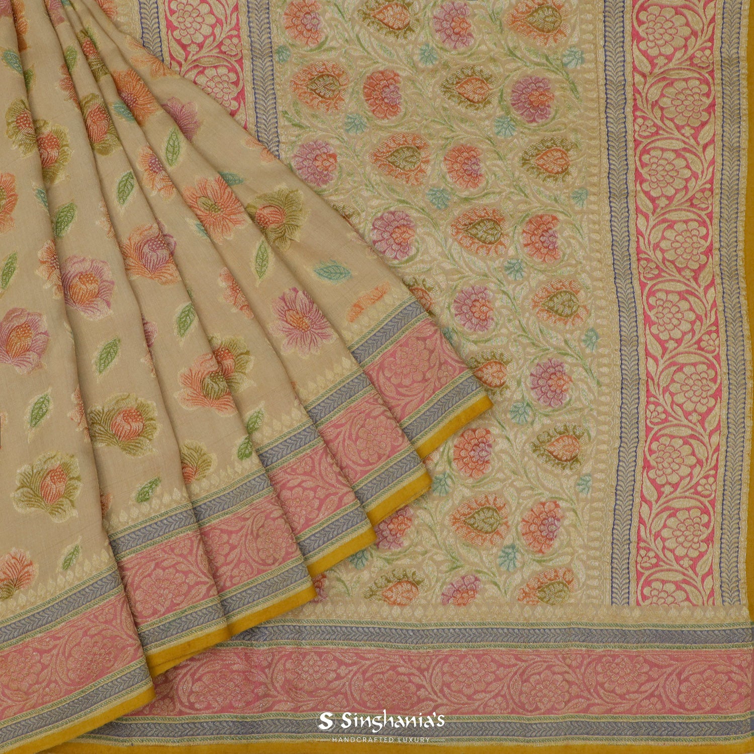 Pale Yellow-Brown Tussar Saree With Banarasi Weaving