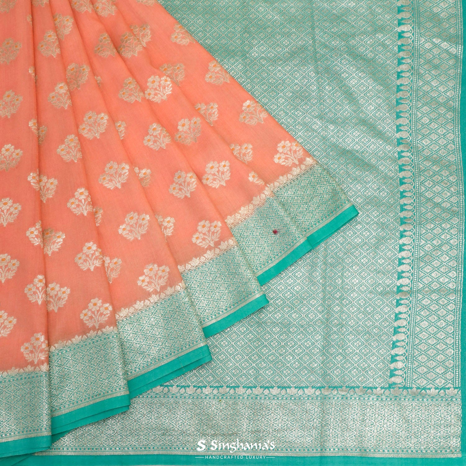 Coral Pink Tussar Saree With Banarasi Weaving