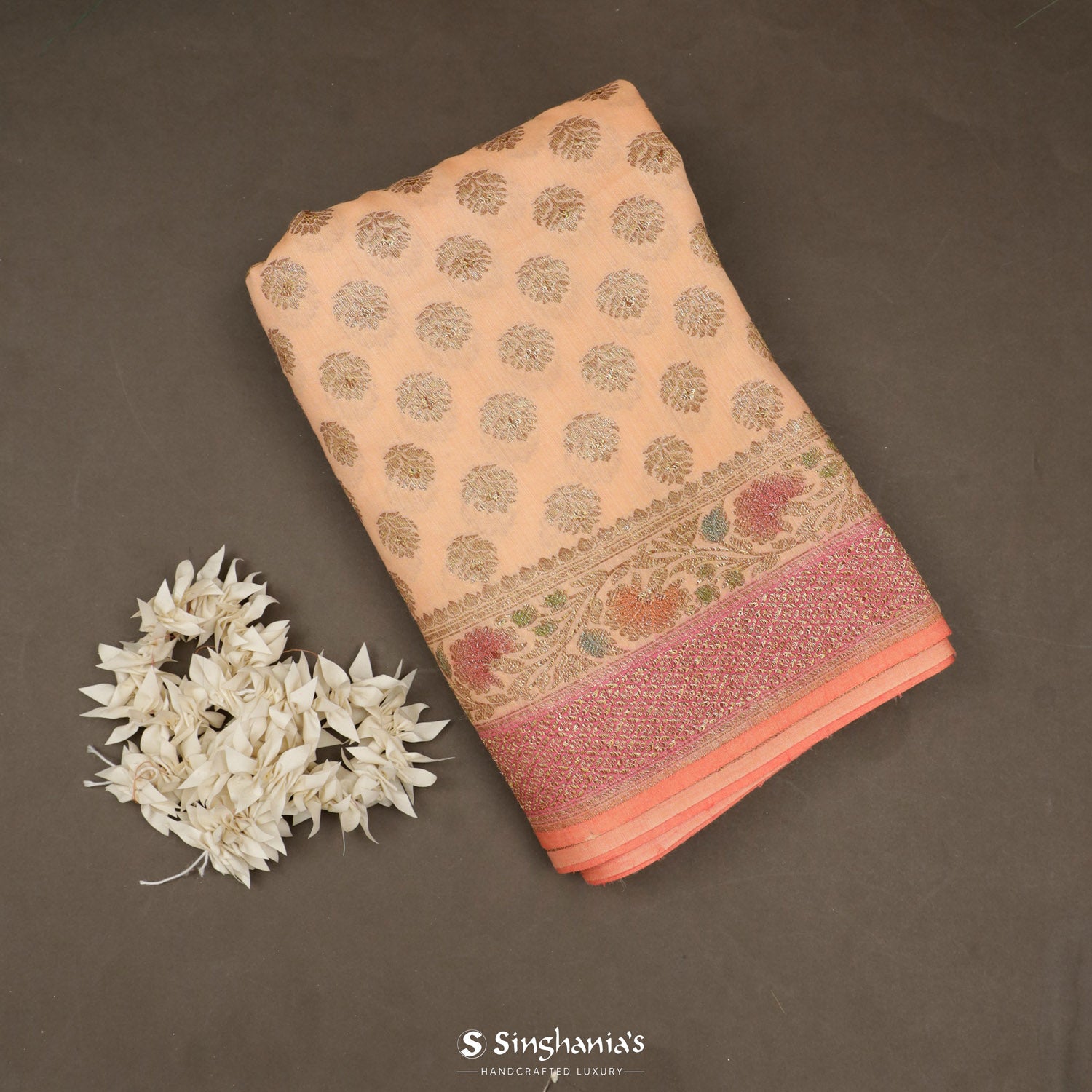 Peach Orange Tussar Saree With Banarasi Weaving