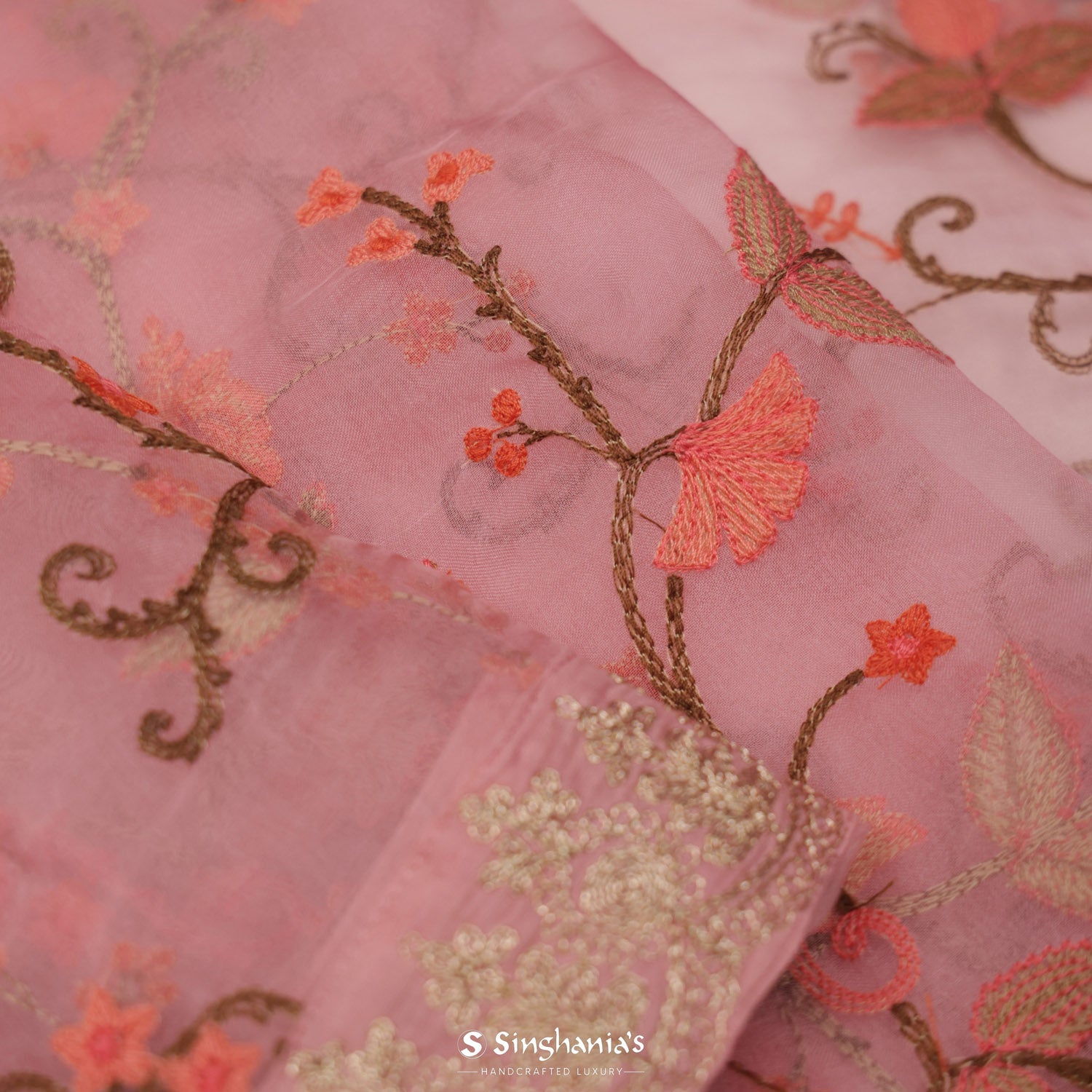 Cameo Pink Organza Saree With Floral Embroidery