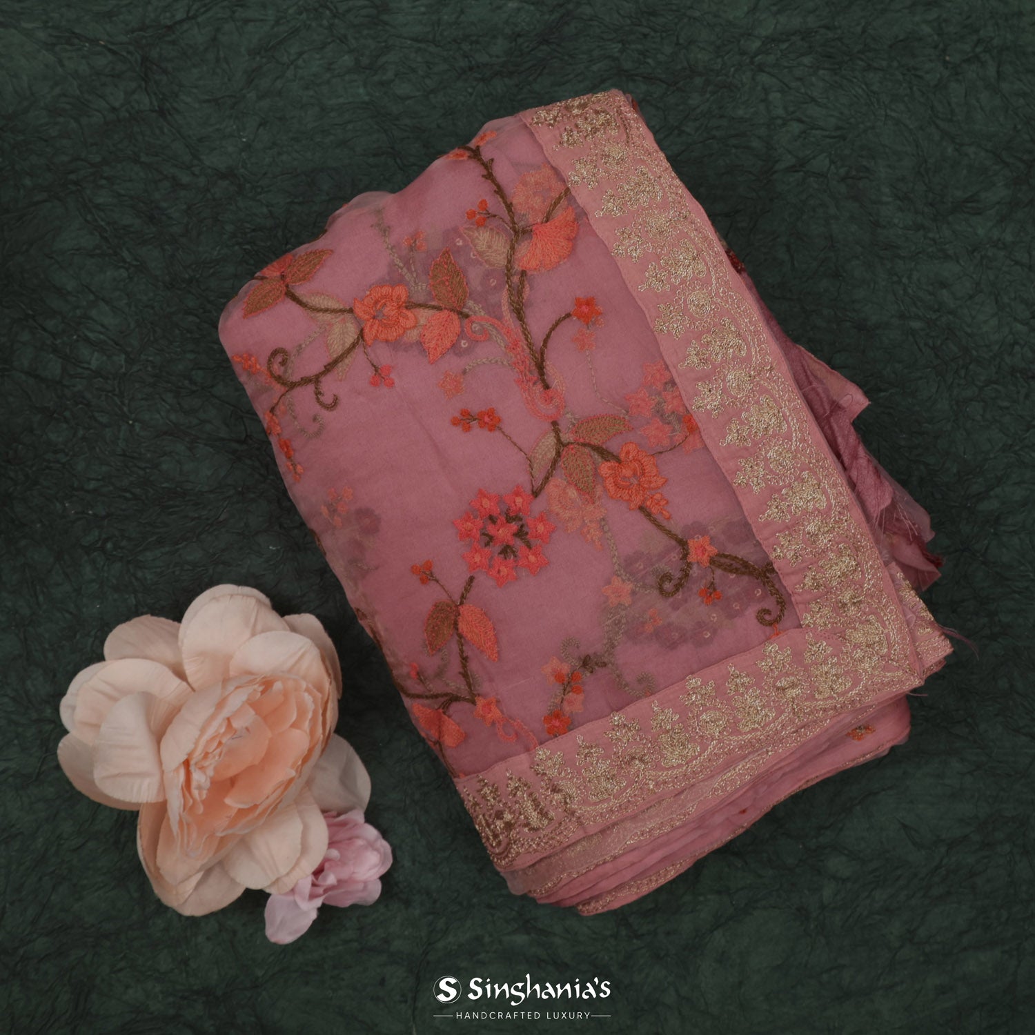 Cameo Pink Organza Saree With Floral Embroidery