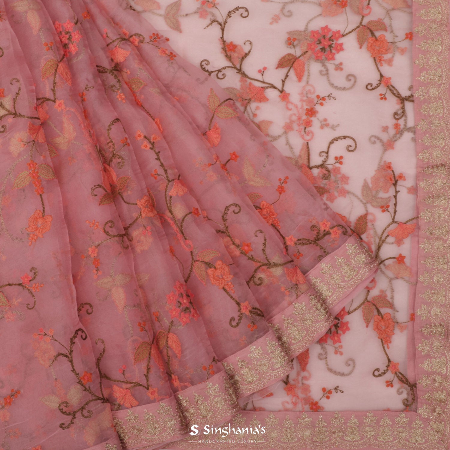 Cameo Pink Organza Saree With Floral Embroidery