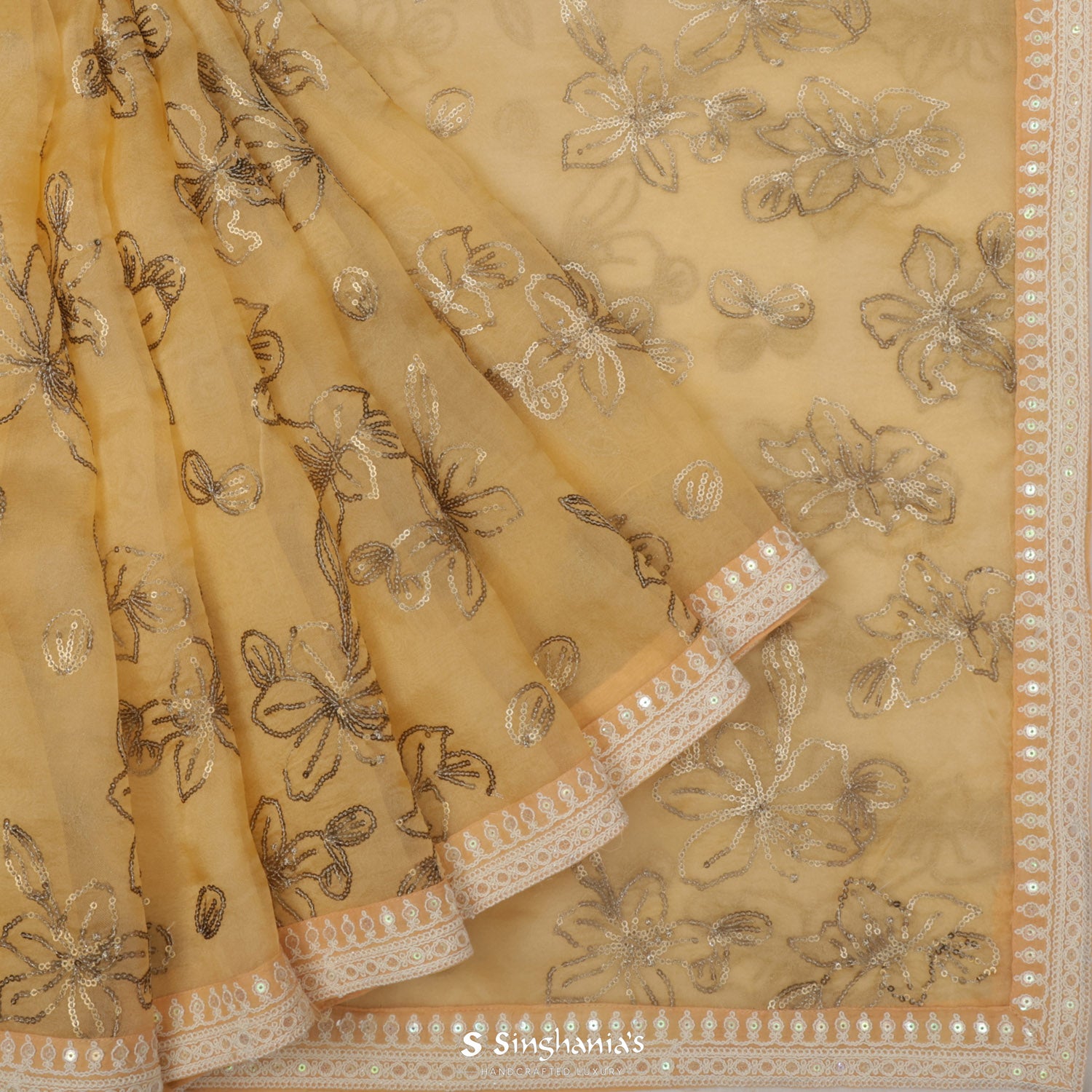 Sand Yellow Organza Saree With Hand Embroidery