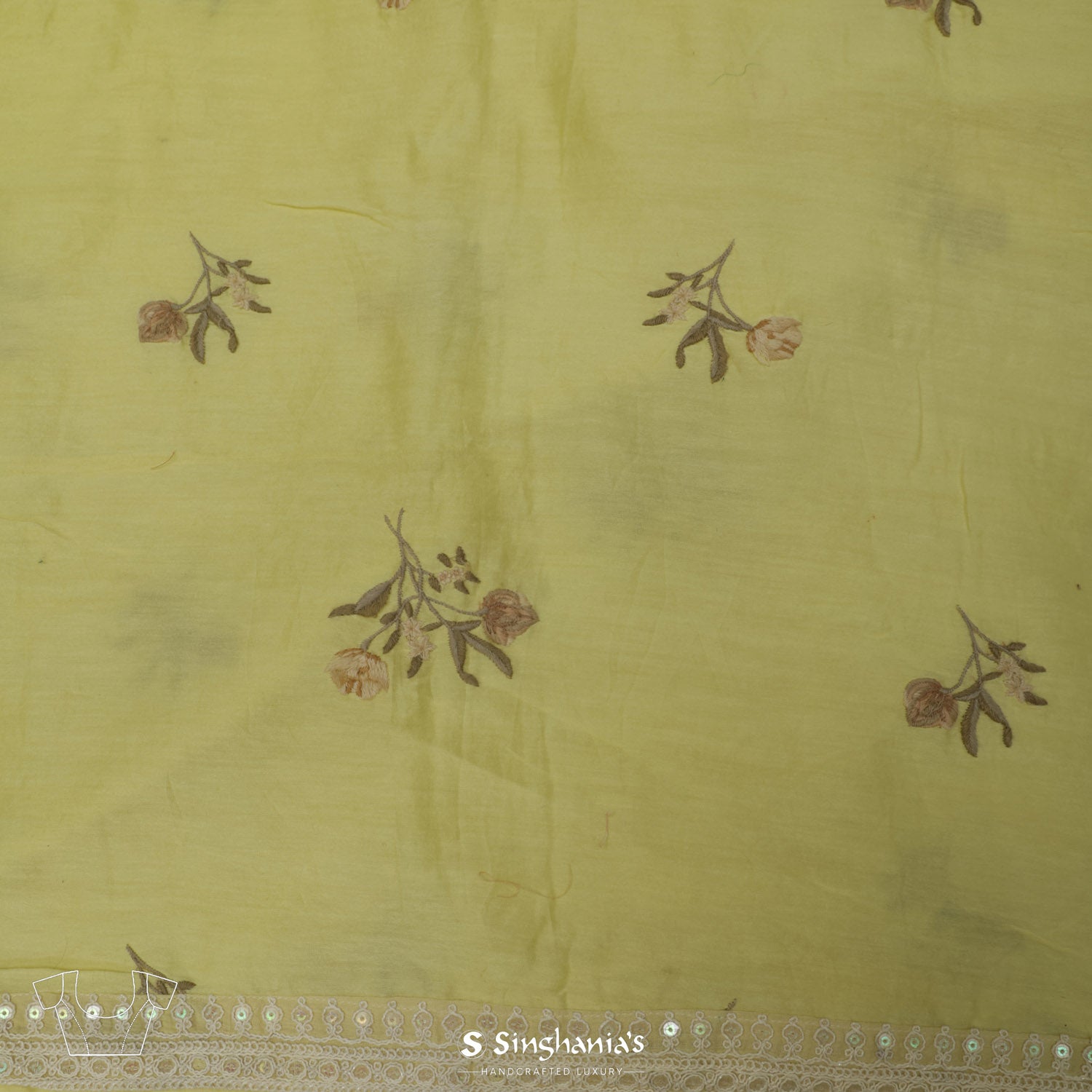 Pale Goldenrod Yellow Printed Organza Saree With Floral Pattern