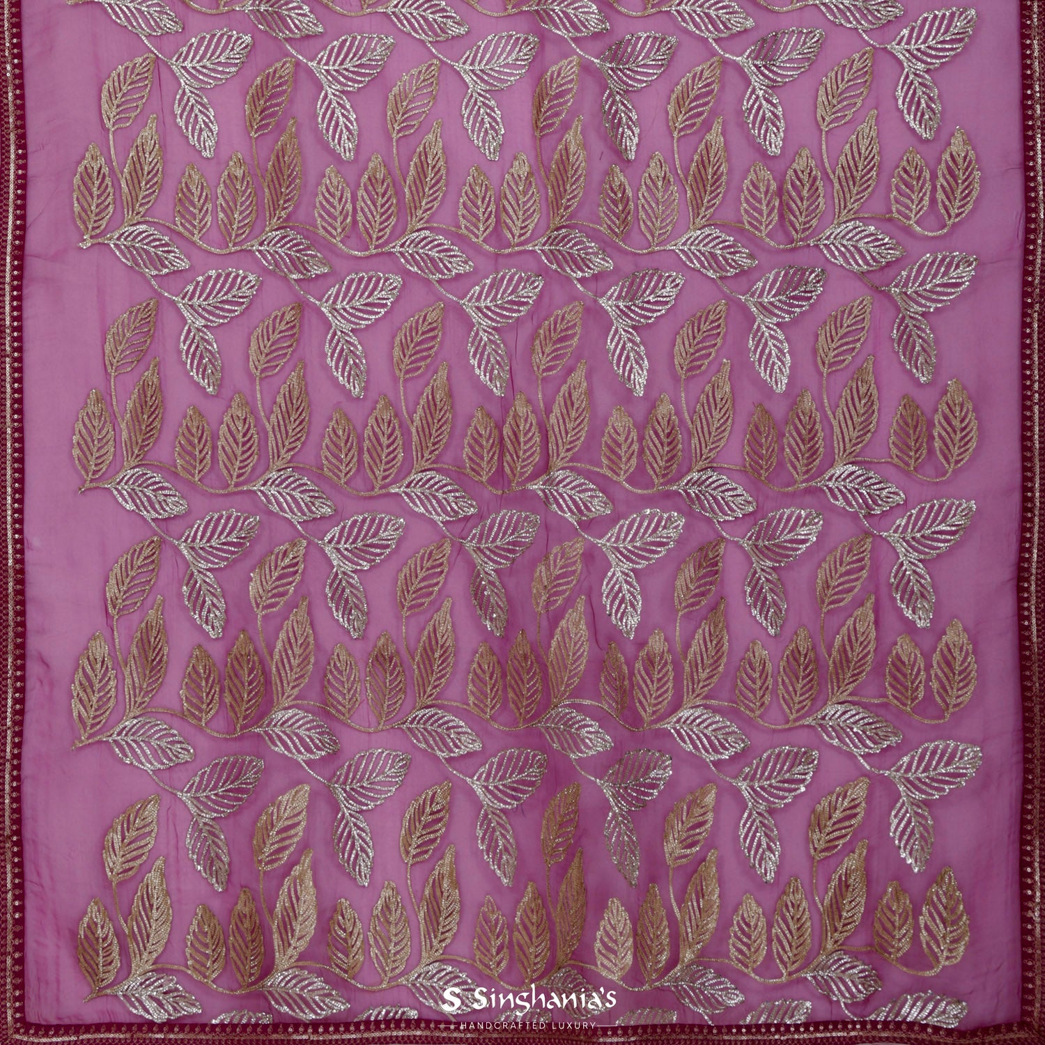 Deep Pink Printed Organza Saree With Floral Pattern