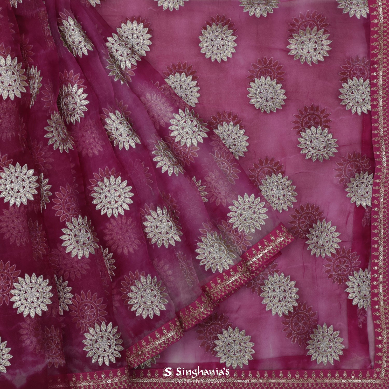 Mulberry Pink Organza Saree With Floral Buttas