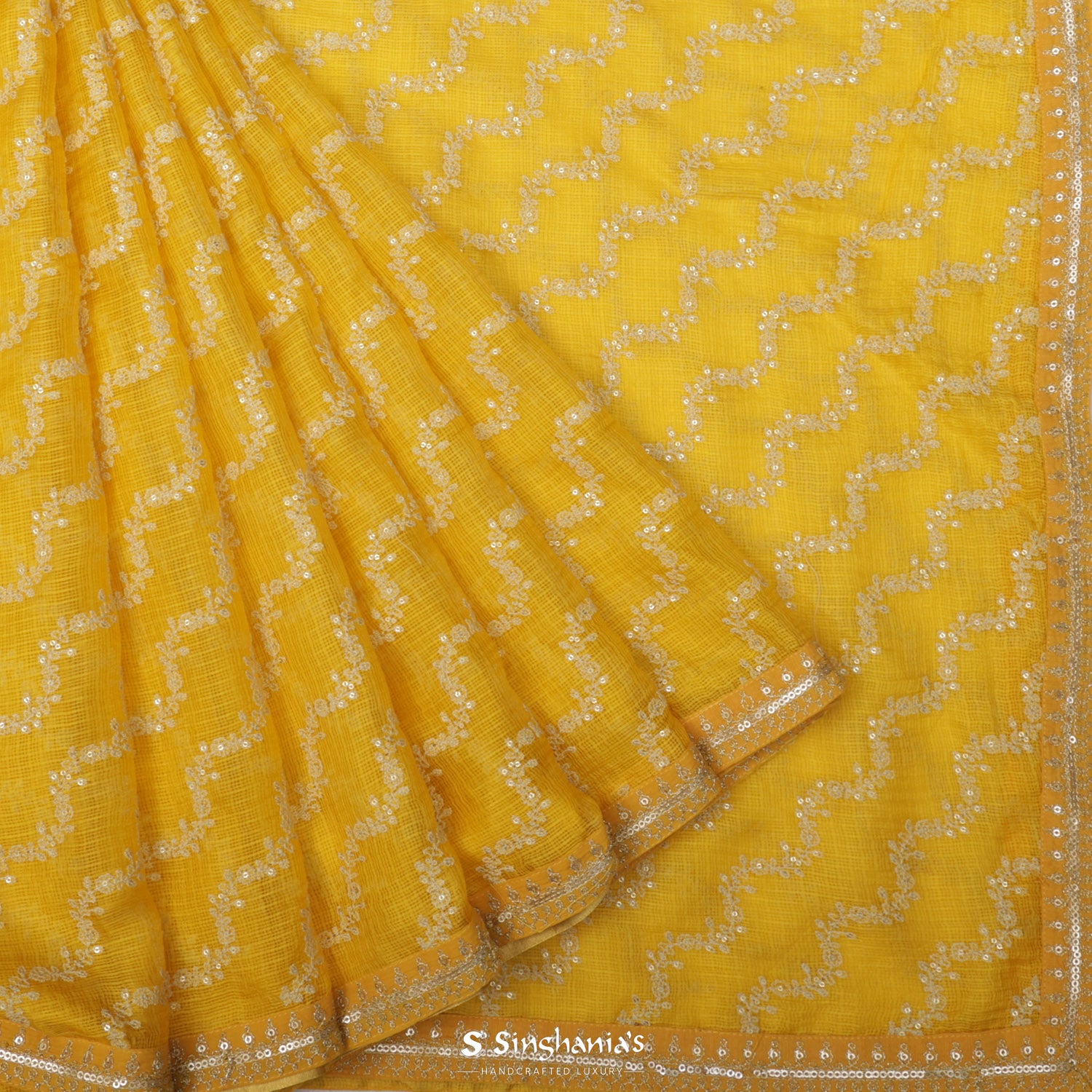 Munsell Yellow Kota Silk Saree With Floral Sequin Embroidery