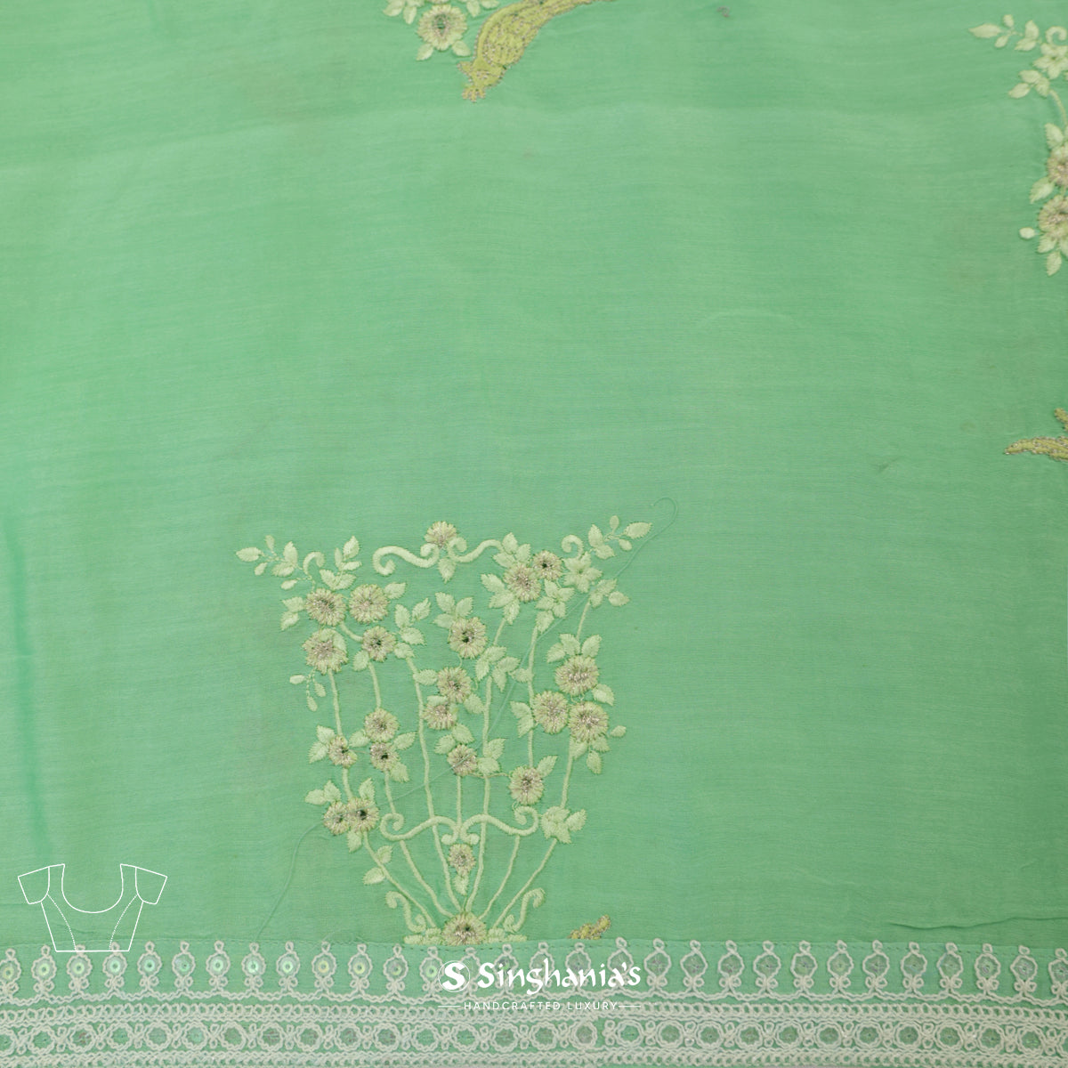 Bright Mint Kota Silk Saree With Diagonal Thread Embroidery