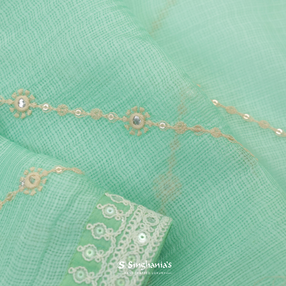 Bright Mint Kota Silk Saree With Diagonal Thread Embroidery