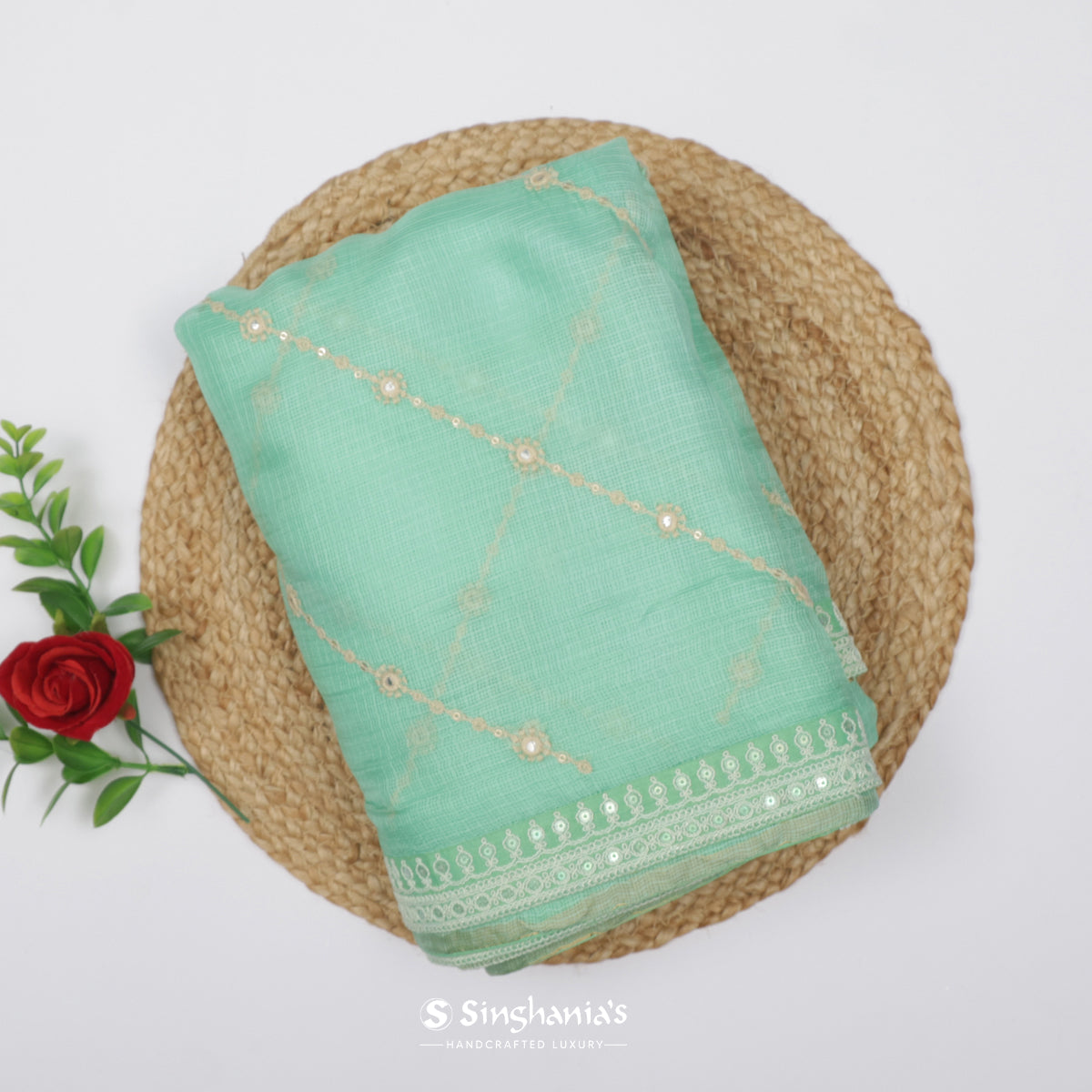 Bright Mint Kota Silk Saree With Diagonal Thread Embroidery