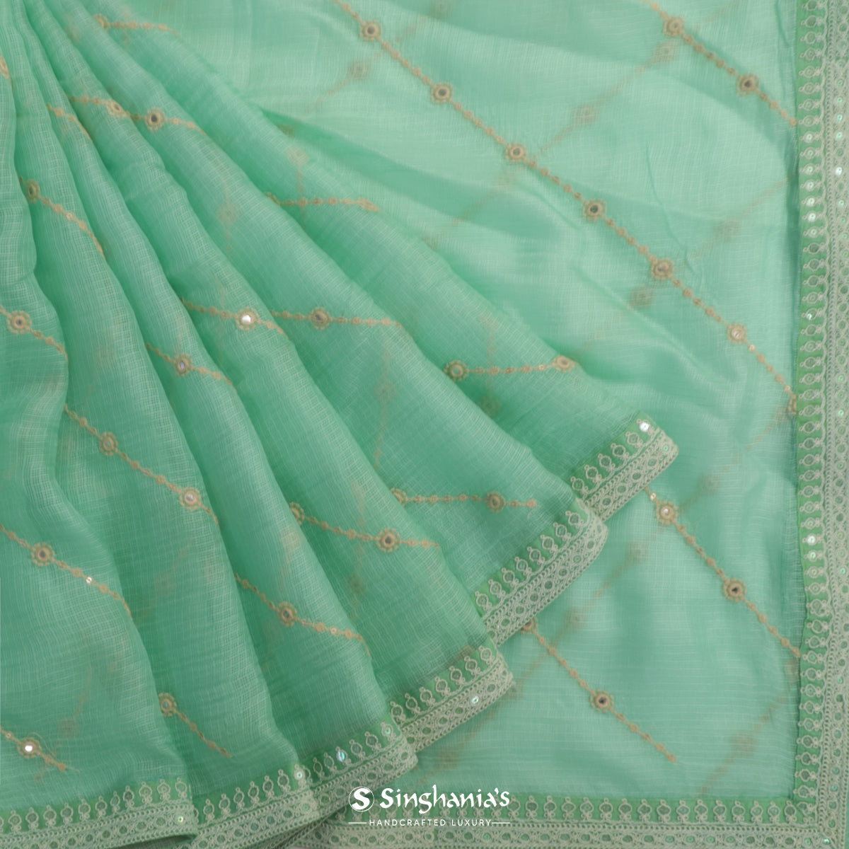 Bright Mint Kota Silk Saree With Diagonal Thread Embroidery