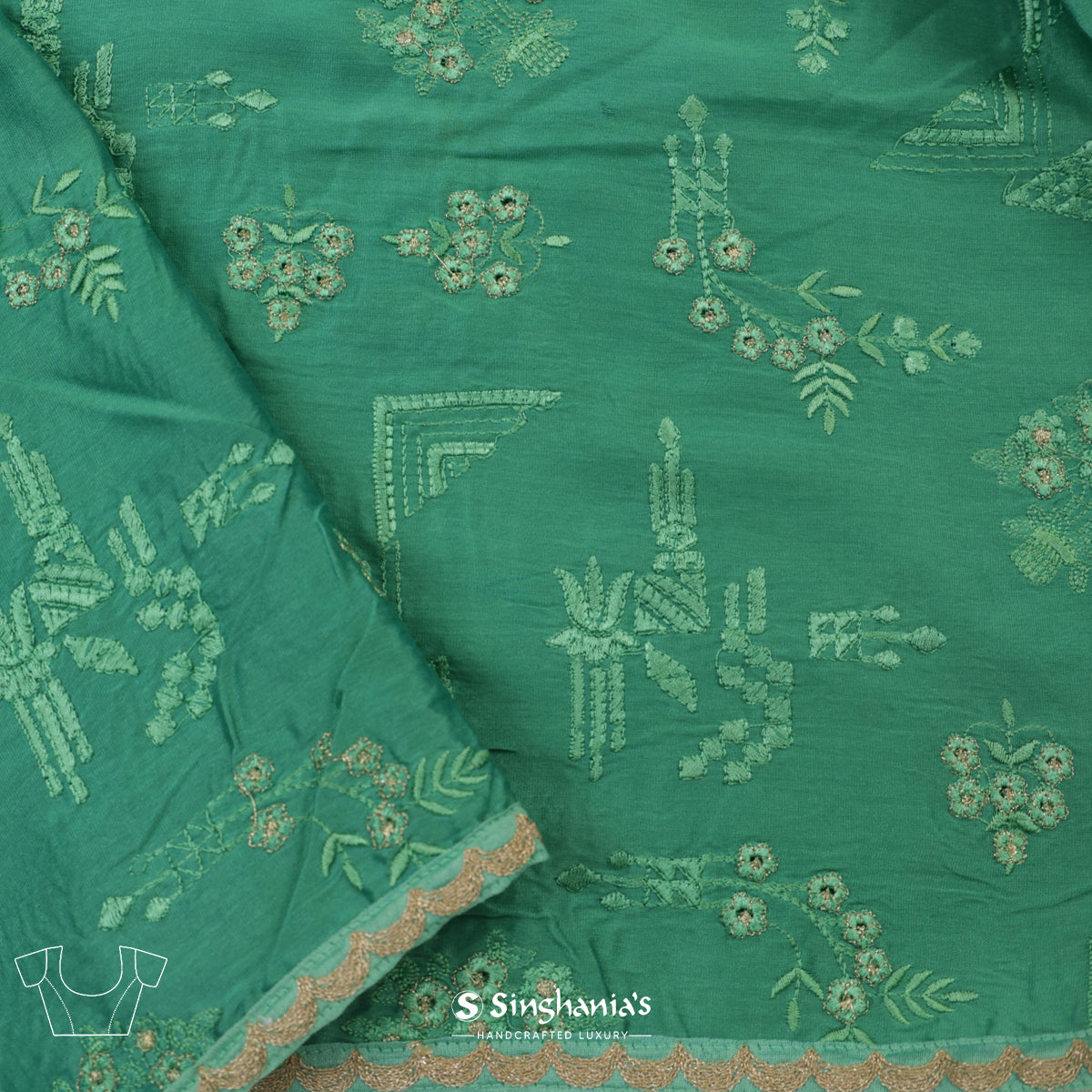 Rama Green Printed Kota Silk Saree With Floral Buttas