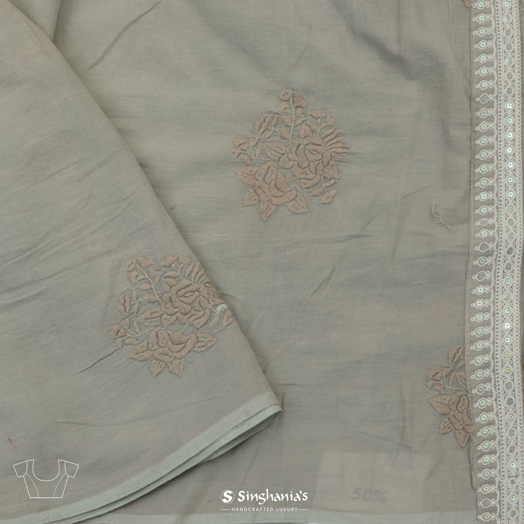 Light Gray Printed Chiffon Saree With Floral Pattern