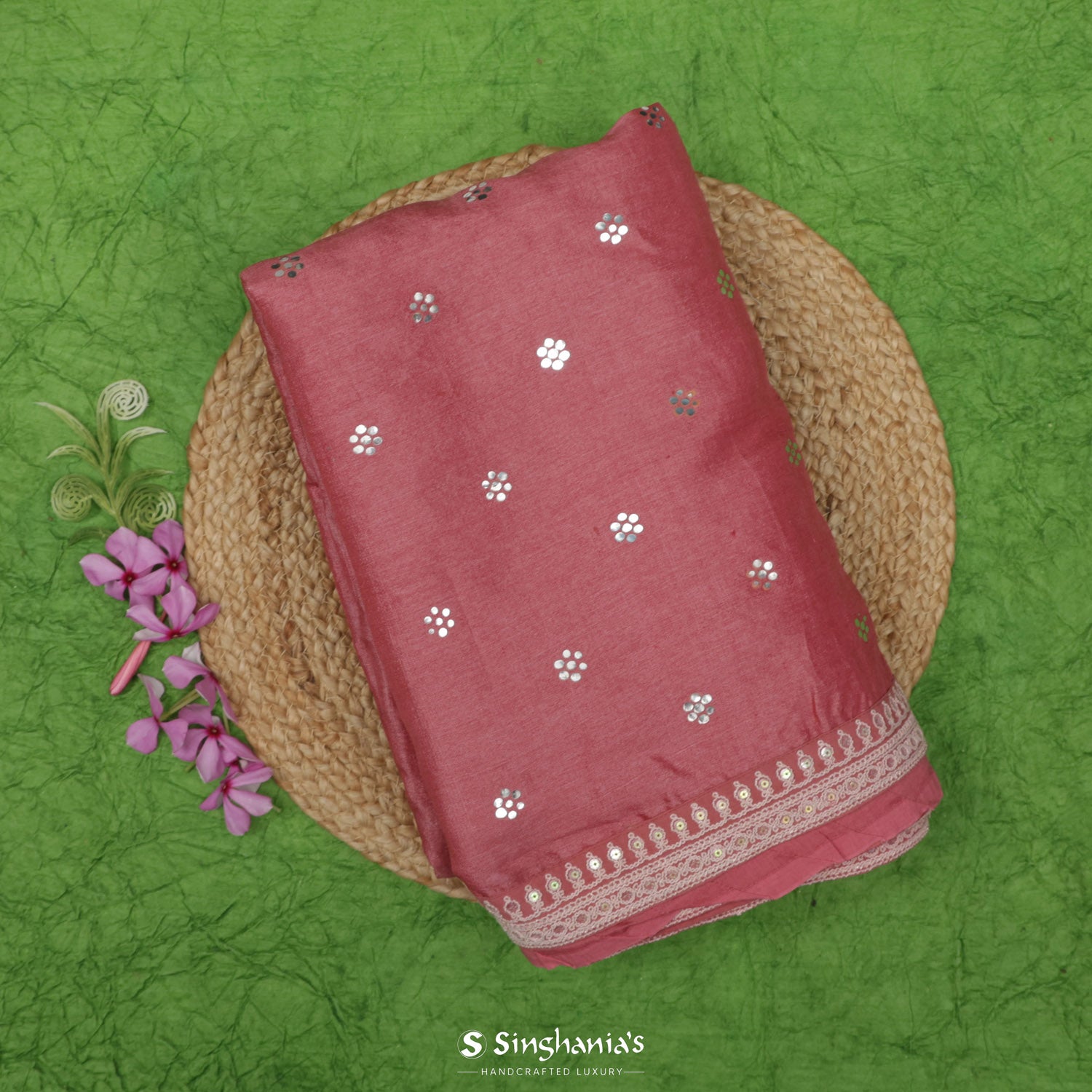 Tulip Pink Tussar Silk Saree With Floral Butti Mukaish Work