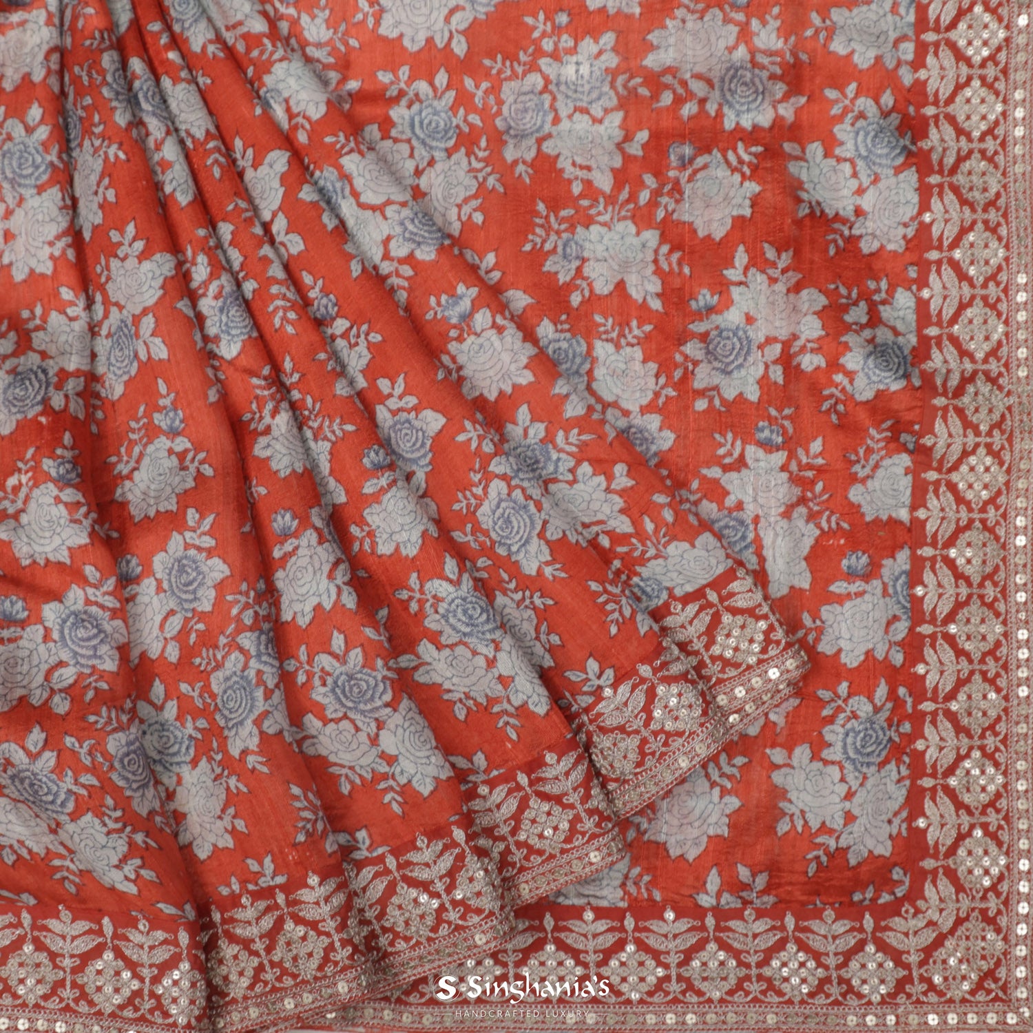 Outrageous Orange Printed Dupion Silk Saree With Floral Pattern