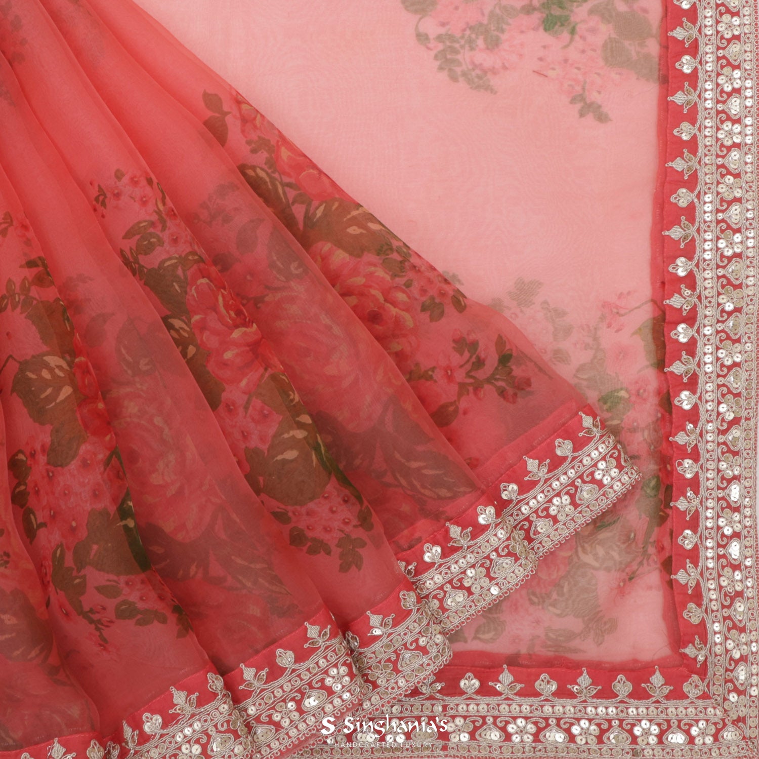 Husker Red Printed Organza Saree With Embroidery