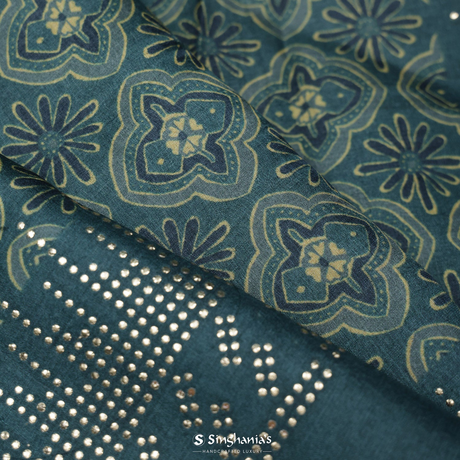 Aegean Blue Tussar Silk Saree With Printed Floral Brocade Design