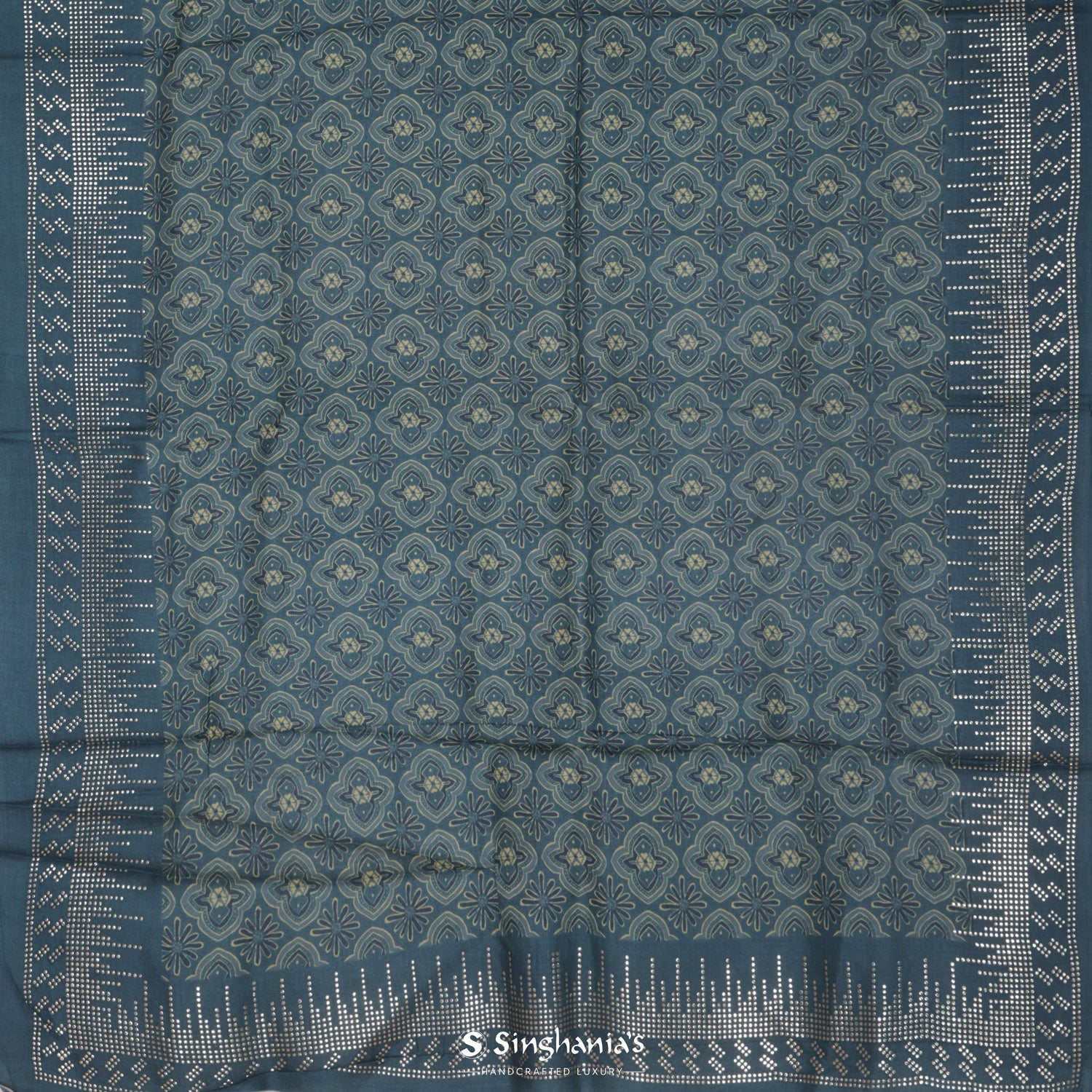 Aegean Blue Tussar Silk Saree With Printed Floral Brocade Design