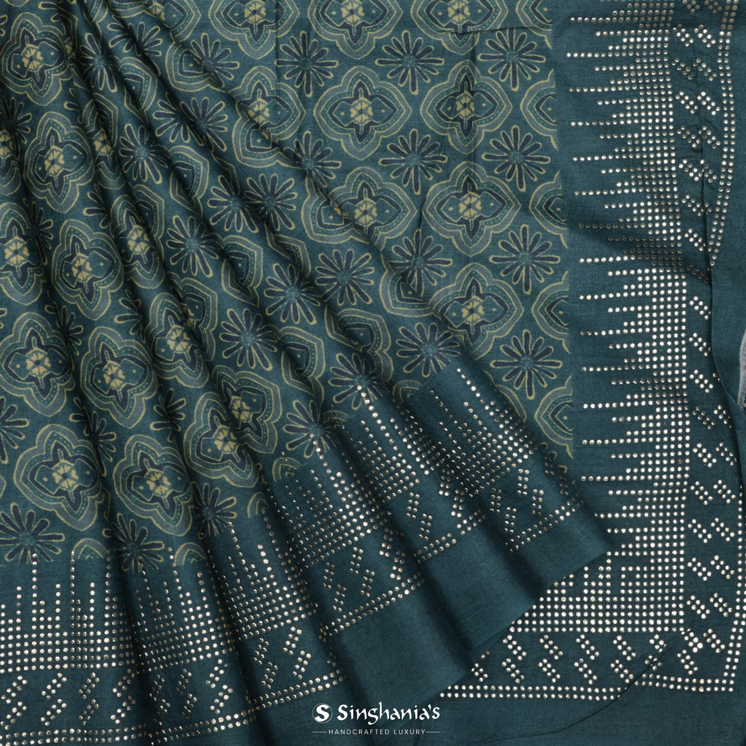 Aegean Blue Tussar Silk Saree With Printed Floral Brocade Design