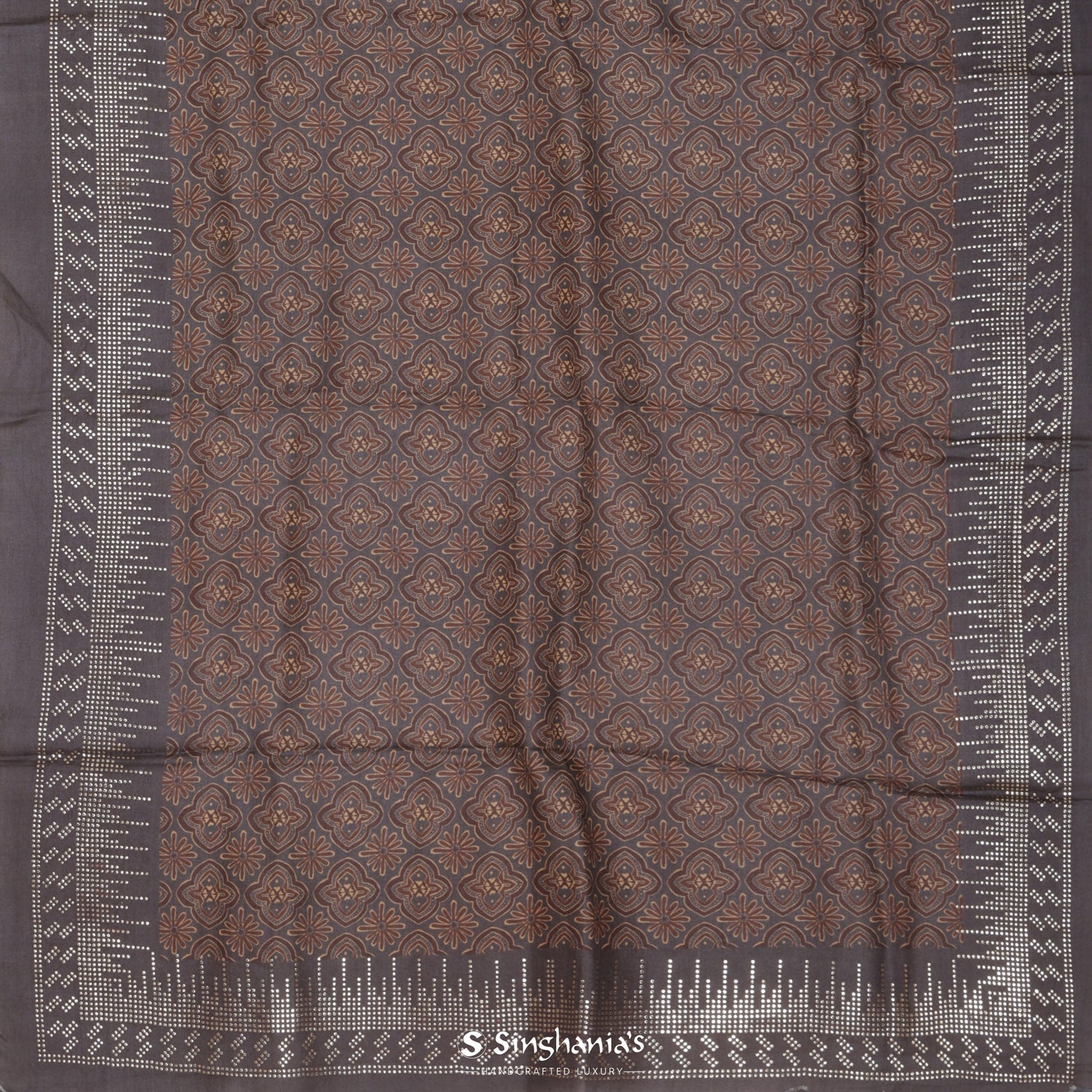 Carbon Gray Printed Tussar Silk Saree With Floral Design