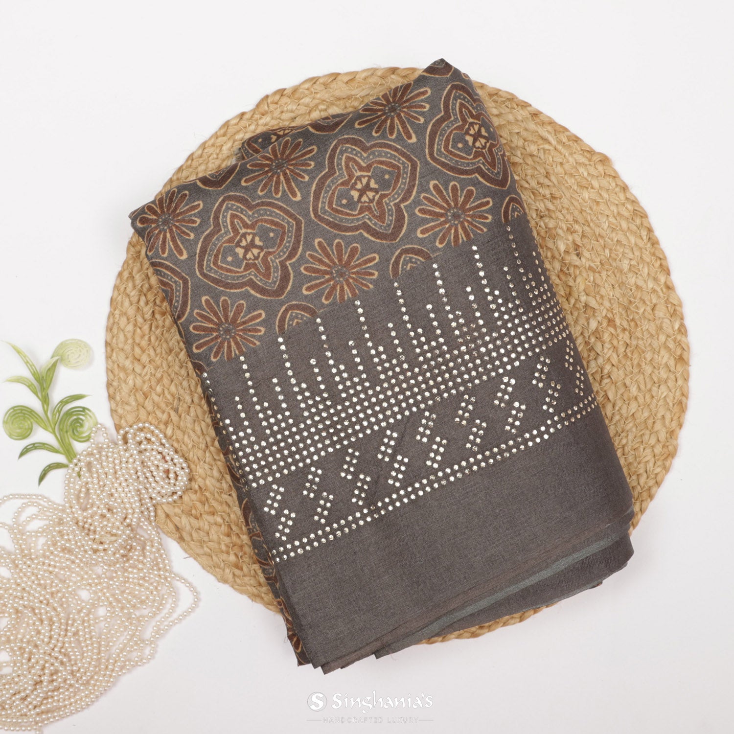 Carbon Gray Printed Tussar Silk Saree With Floral Design