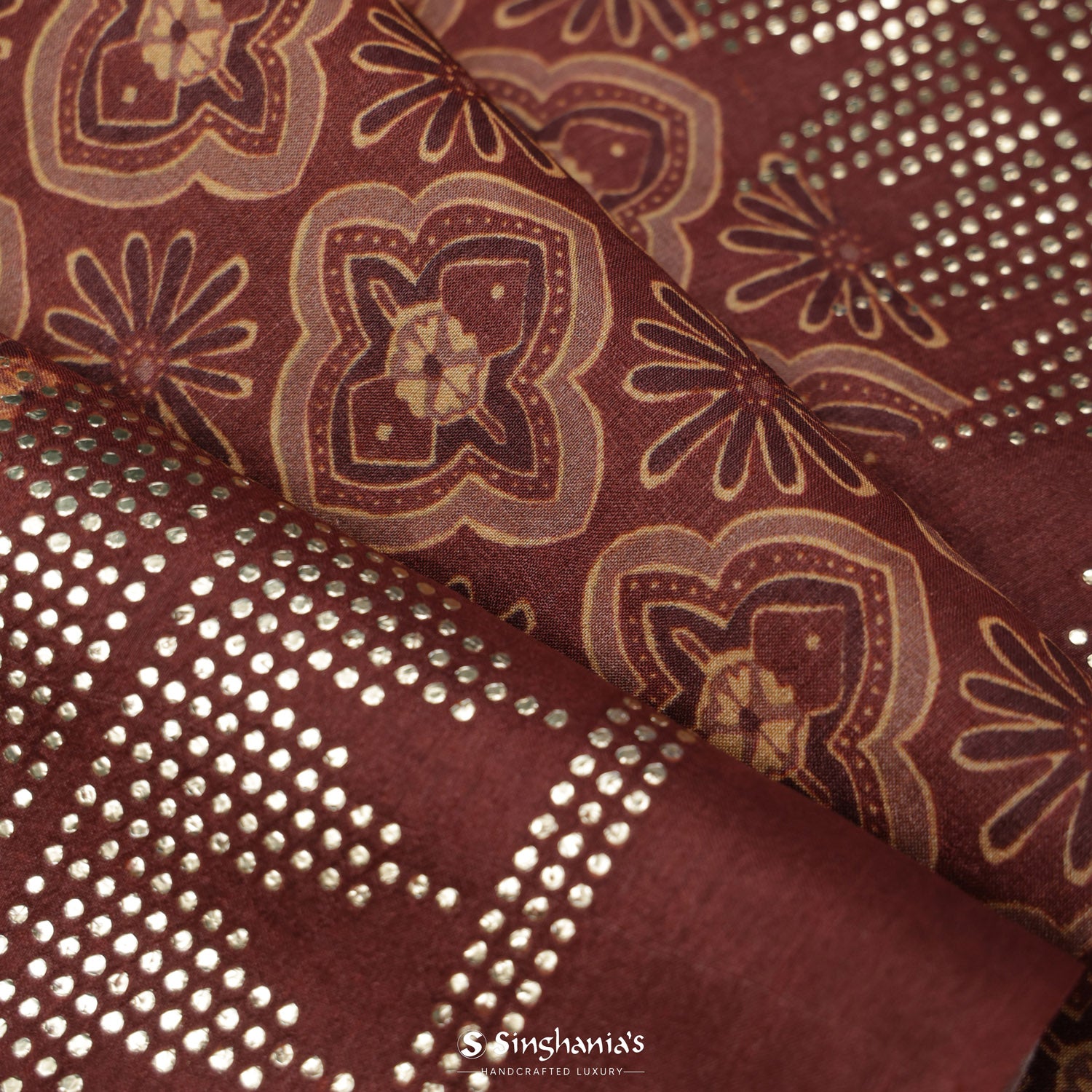 Dark Chestnut Brown Printed Tussar Silk Saree With Ajrakh-Inspired Pattern