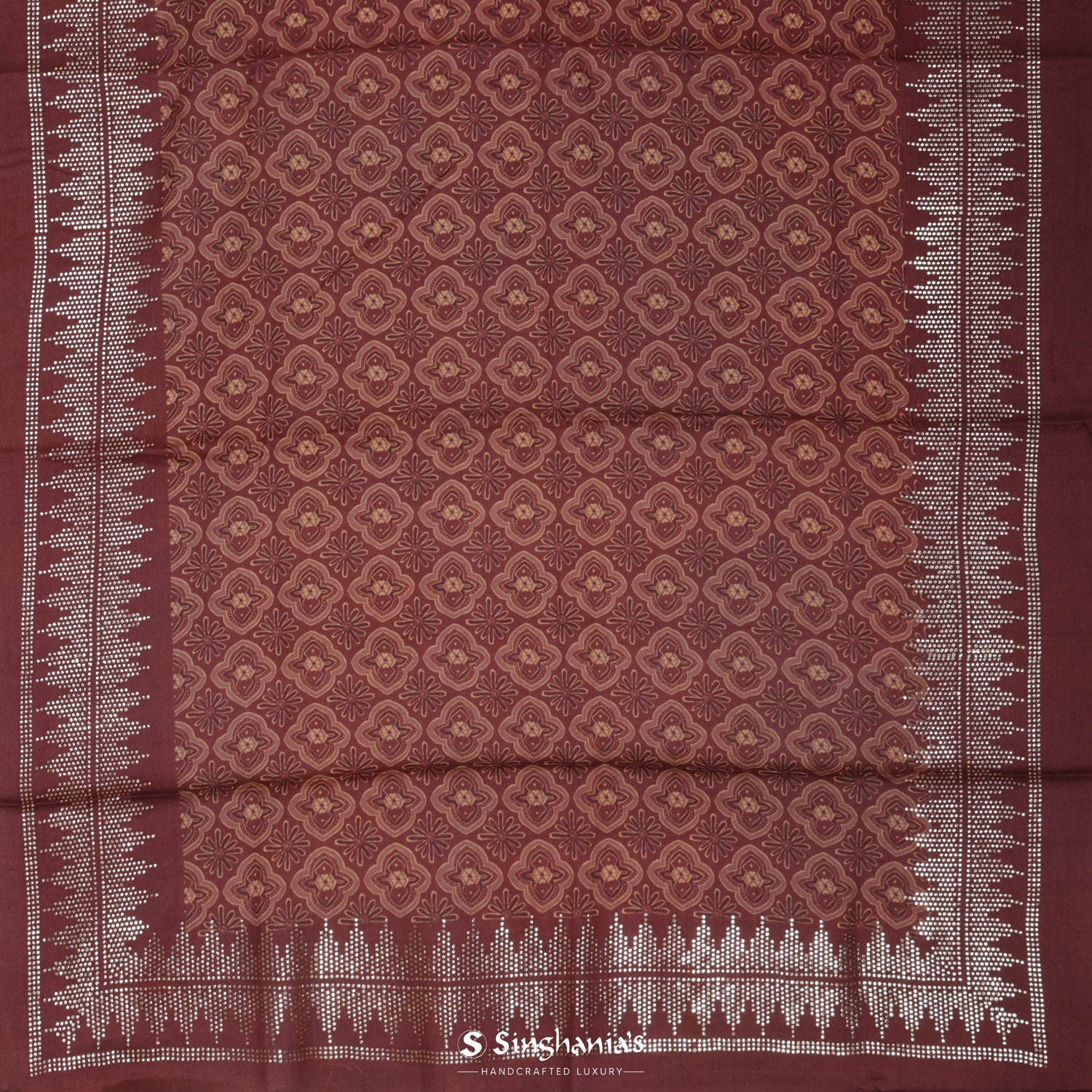 Dark Chestnut Brown Printed Tussar Silk Saree With Ajrakh-Inspired Pattern