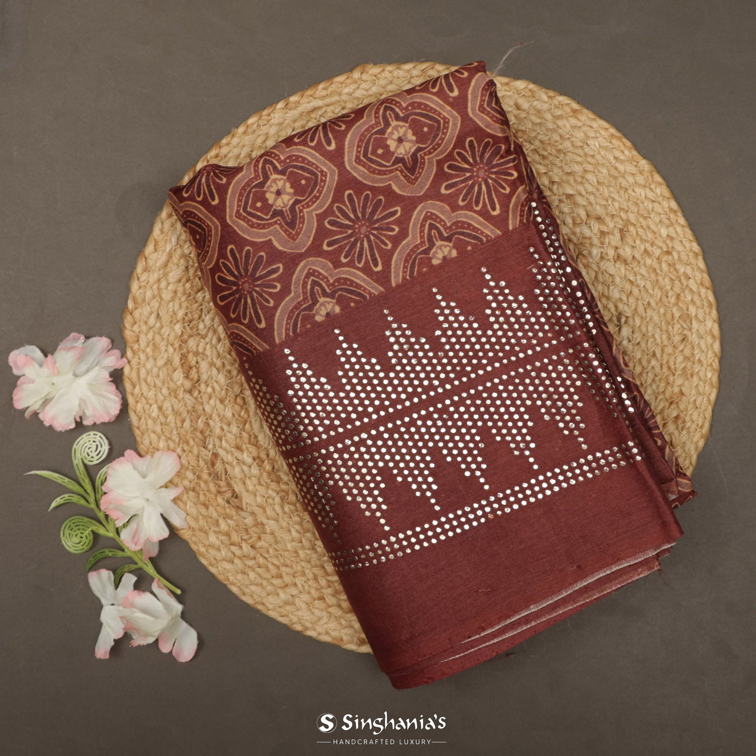 Dark Chestnut Brown Printed Tussar Silk Saree With Ajrakh-Inspired Pattern