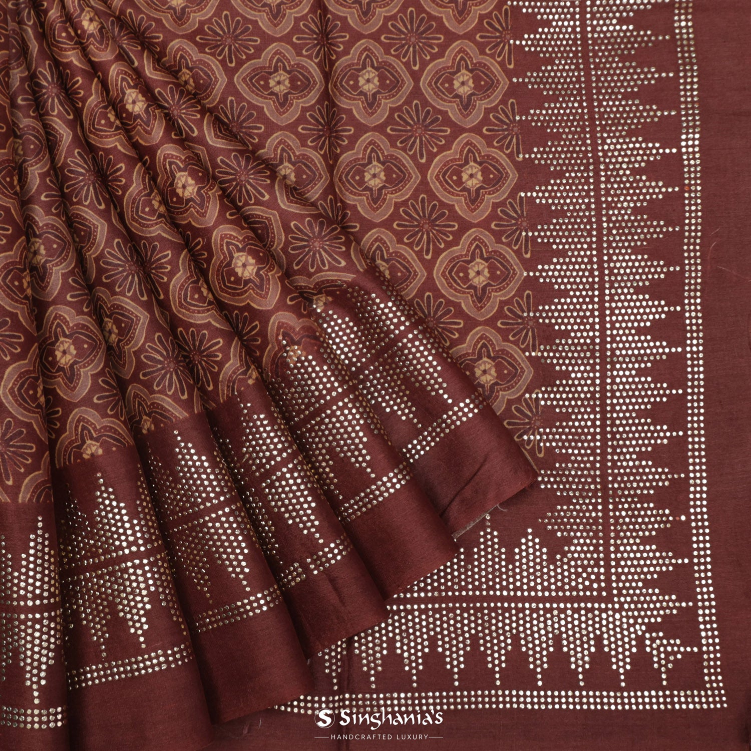 Dark Chestnut Brown Printed Tussar Silk Saree With Ajrakh-Inspired Pattern