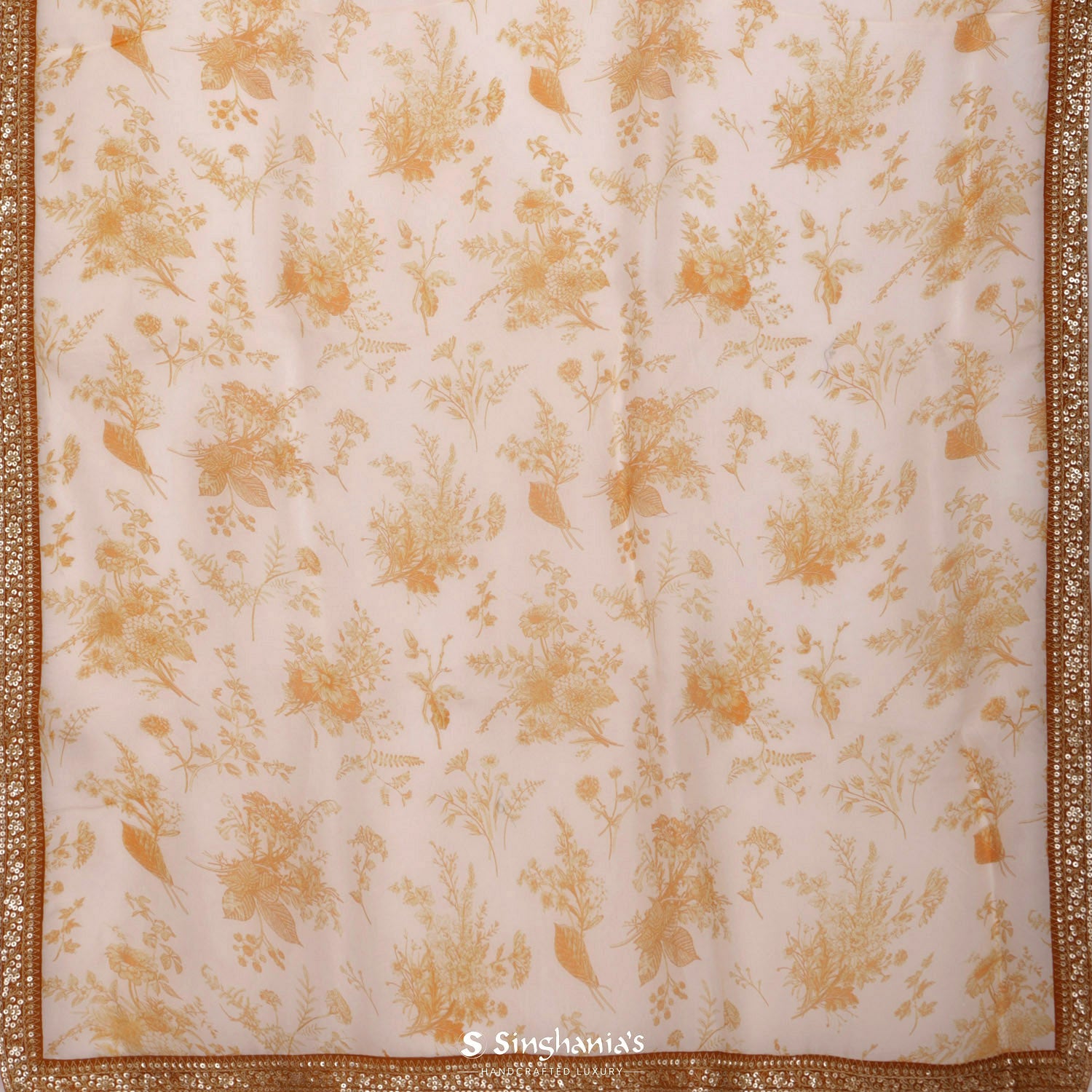 Antique White Printed Organza Saree With Floral Pattern