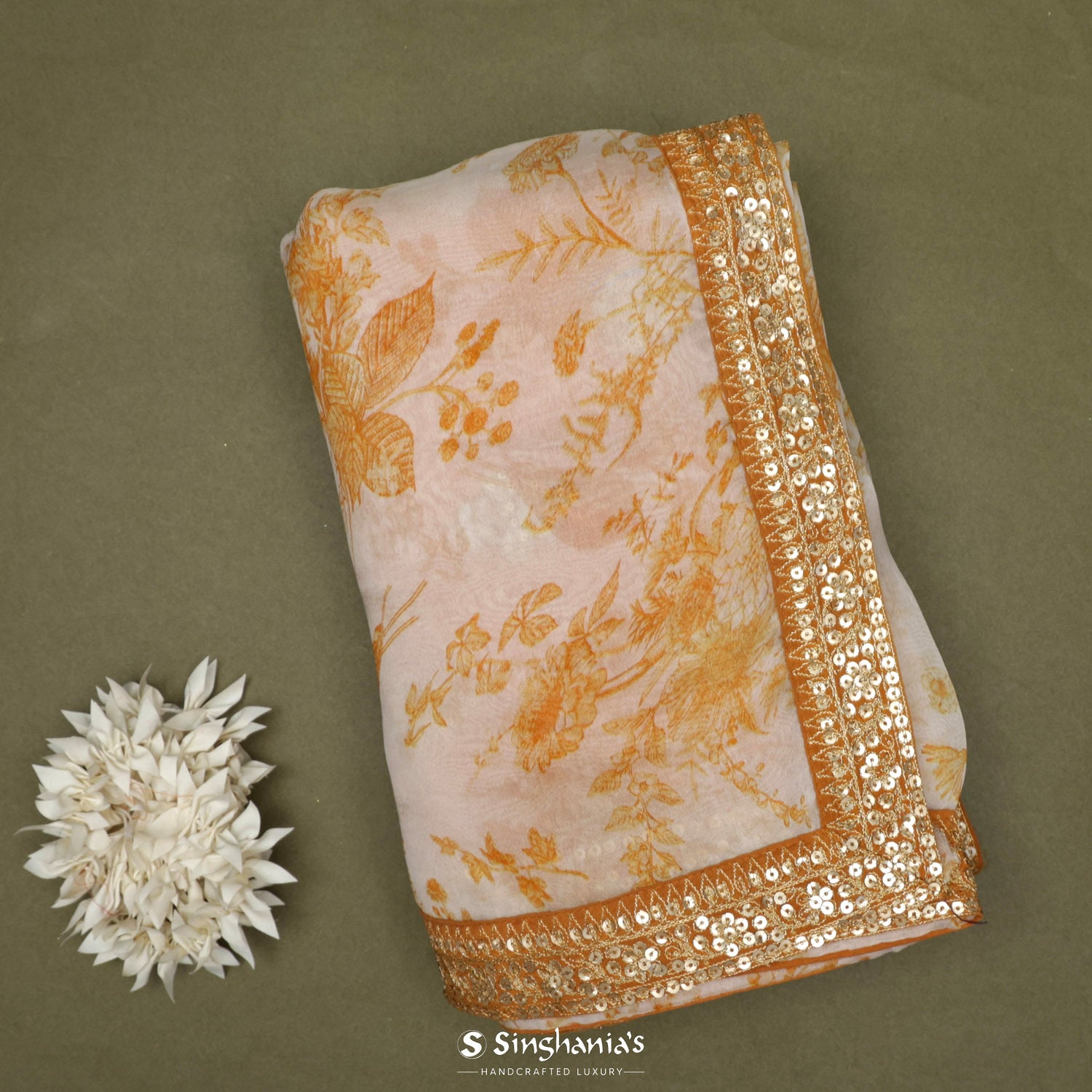 Antique White Printed Organza Saree With Floral Pattern