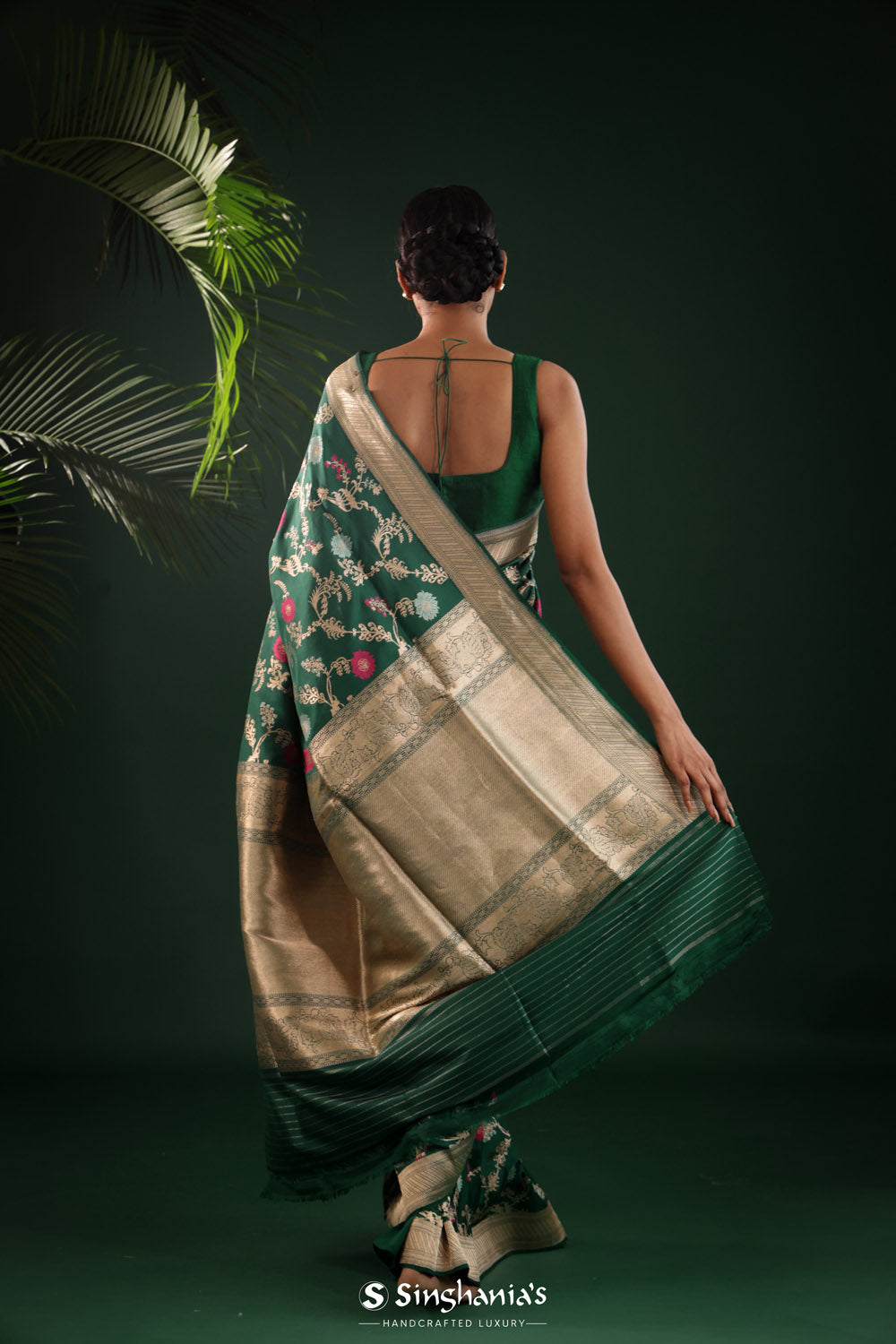 Dark Green Banarasi Silk Saree With Geometric And Floral Patterns