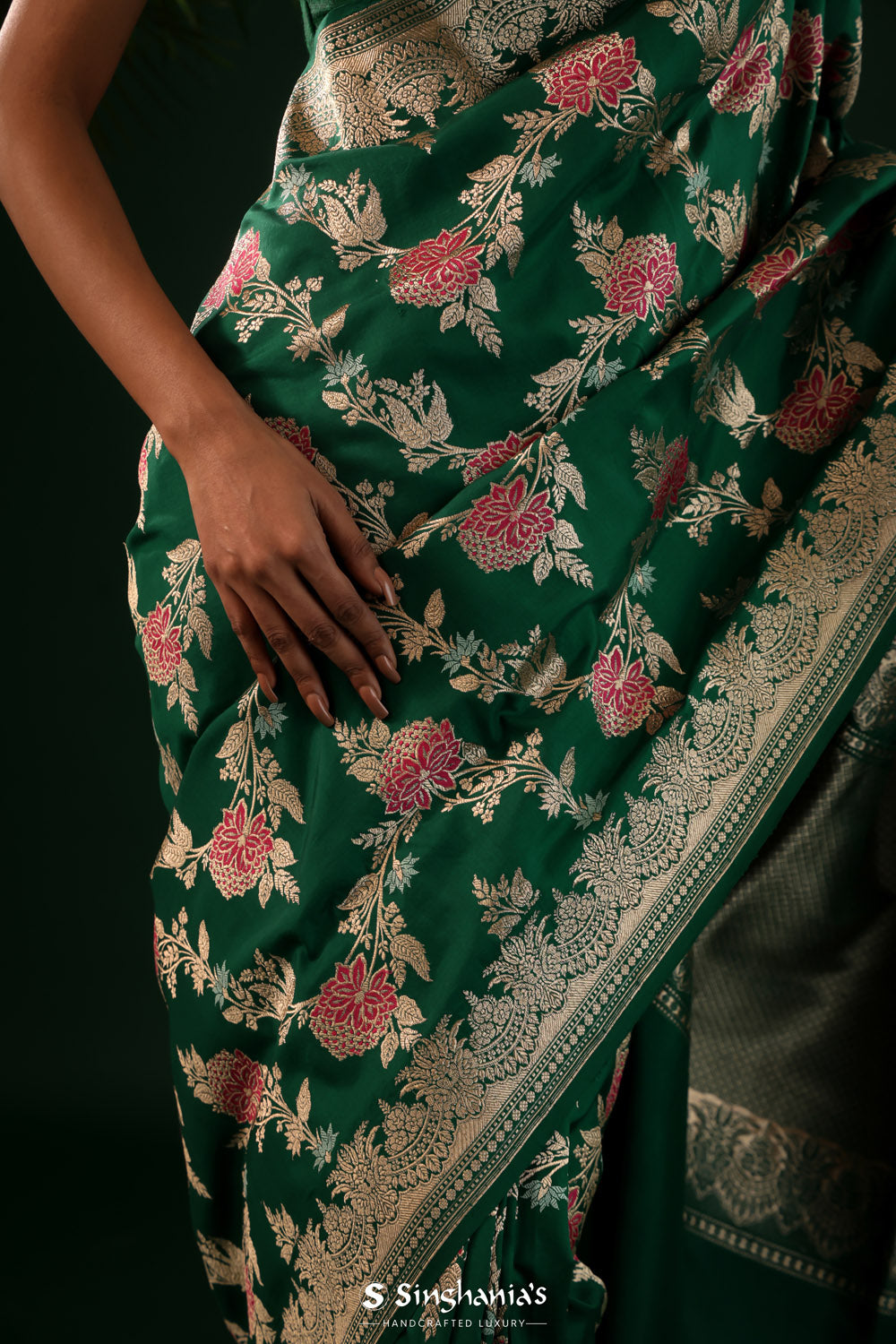 Deep Green Banarasi Silk Saree With Regal Meenakari Weaving