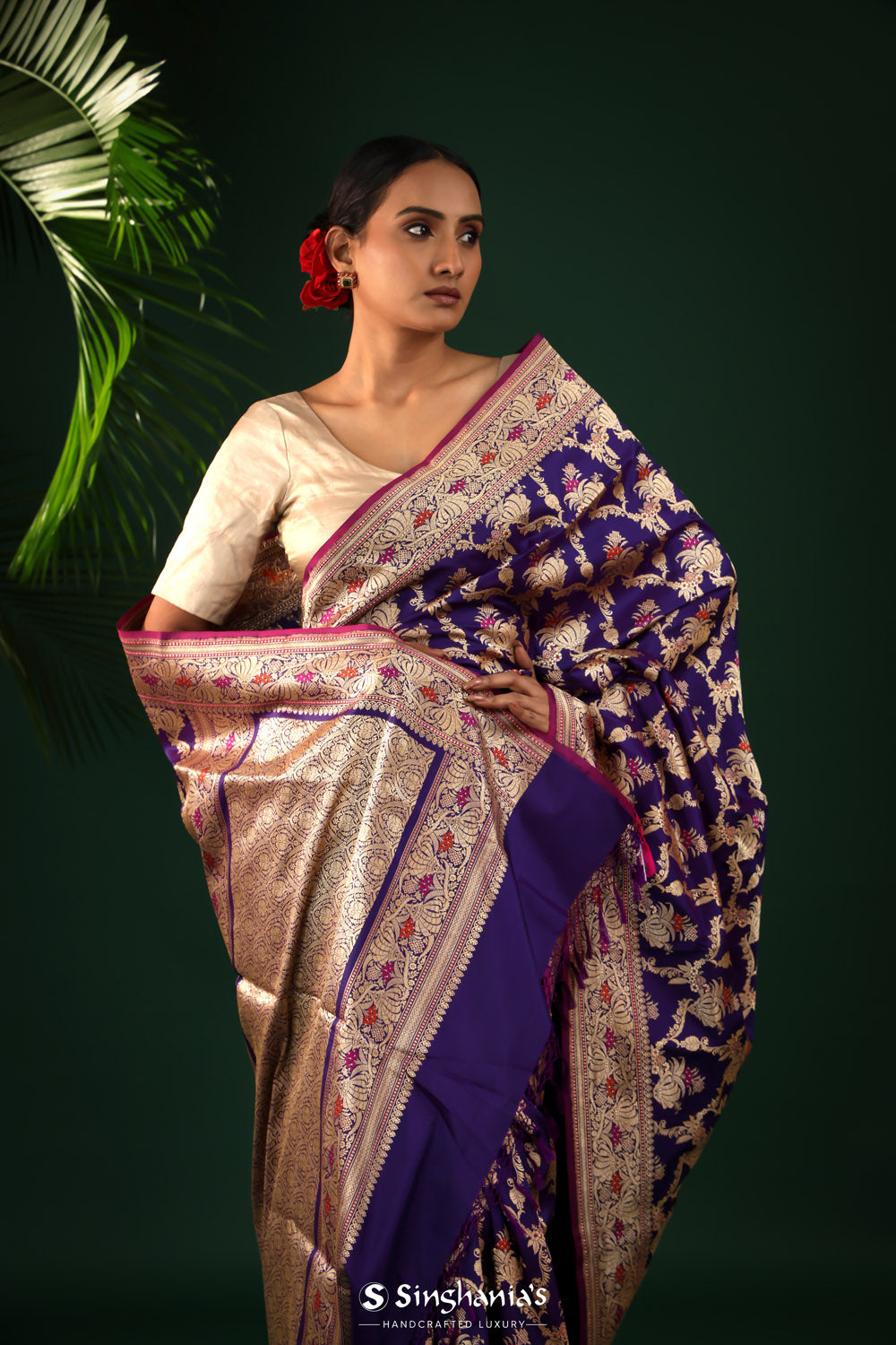 Regalia Purple Banarasi Silk Saree With Floral-Peacock Motifs