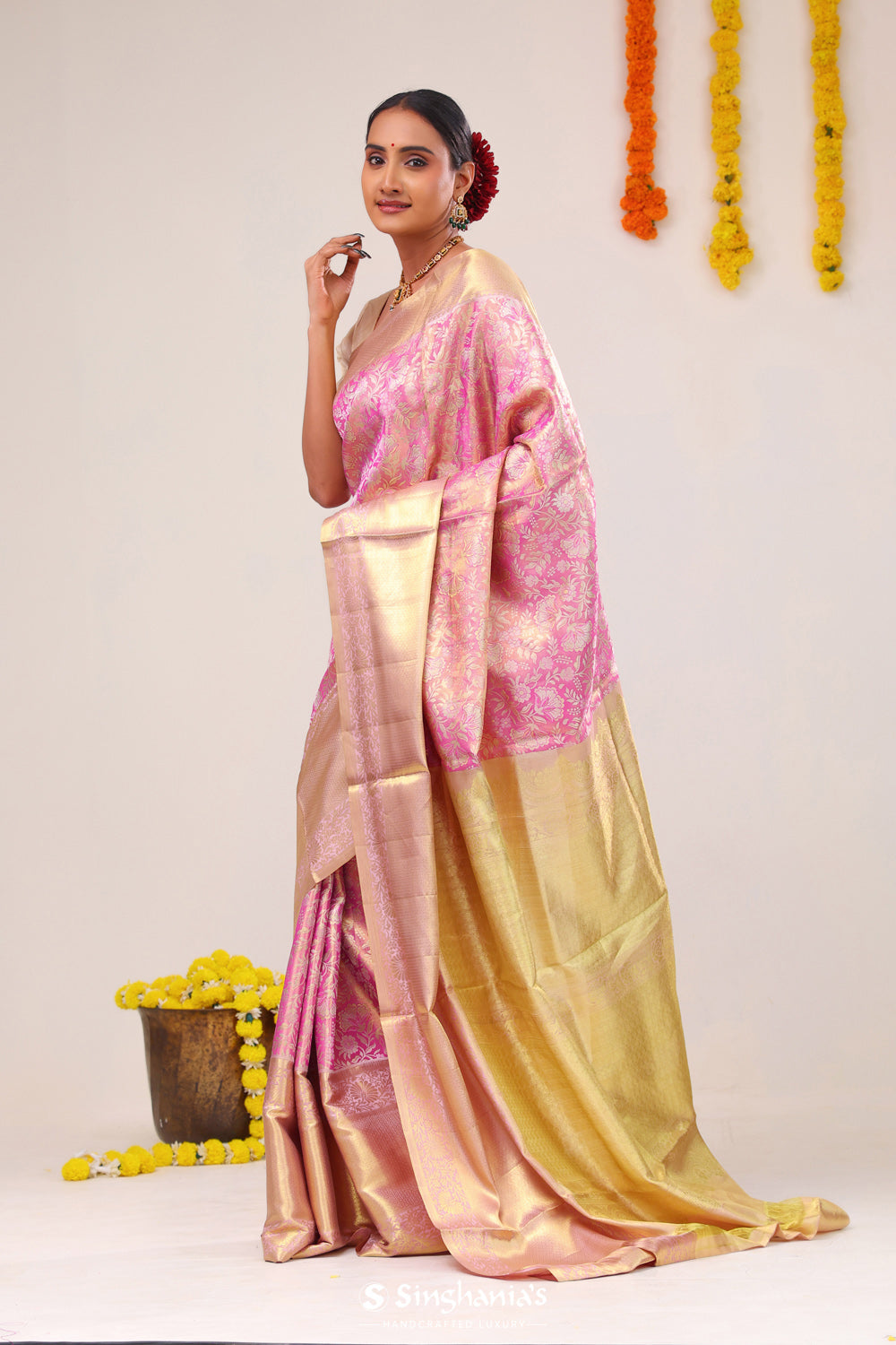 French Pink Floral Kanjivaram Silk Saree