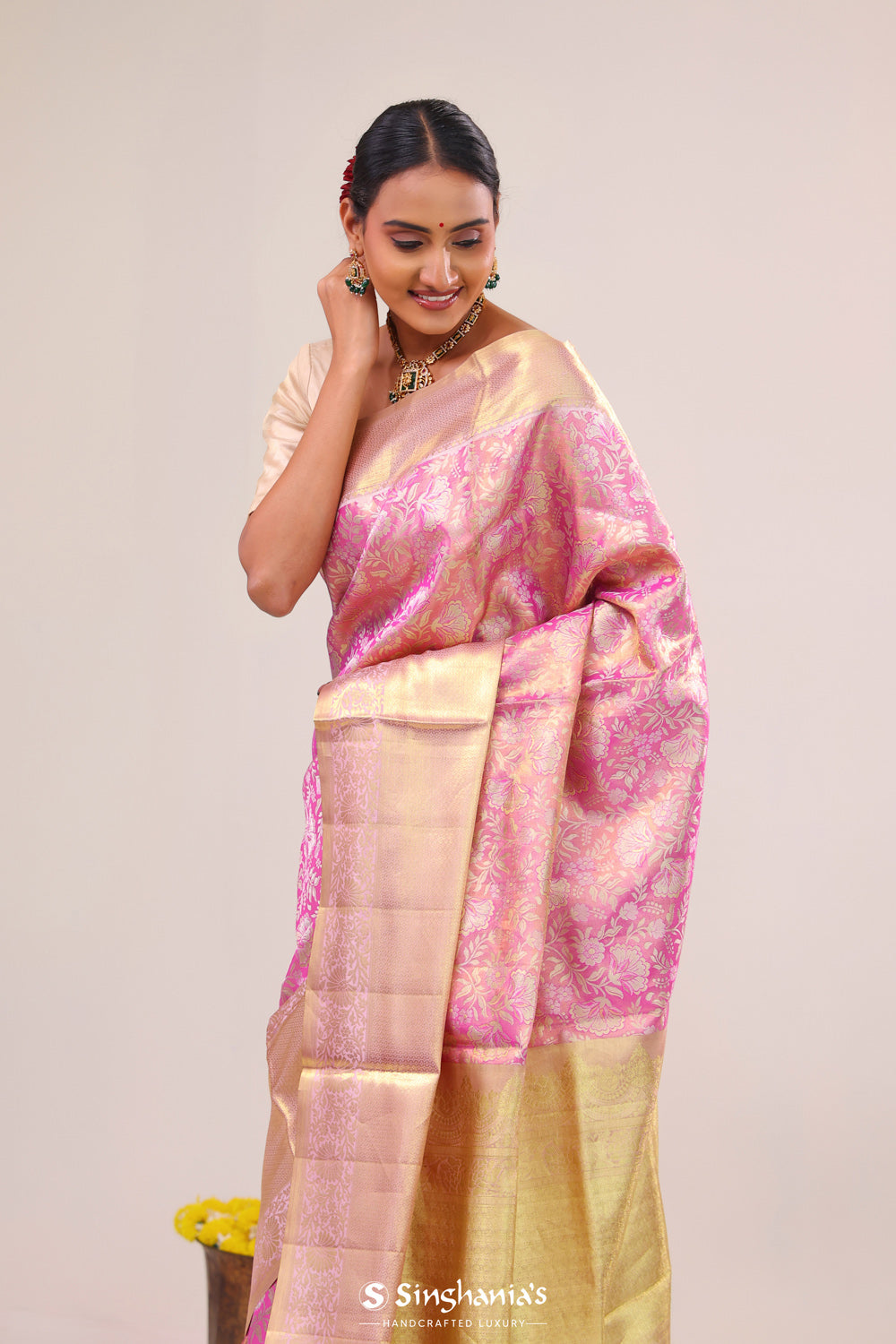 French Pink Floral Kanjivaram Silk Saree