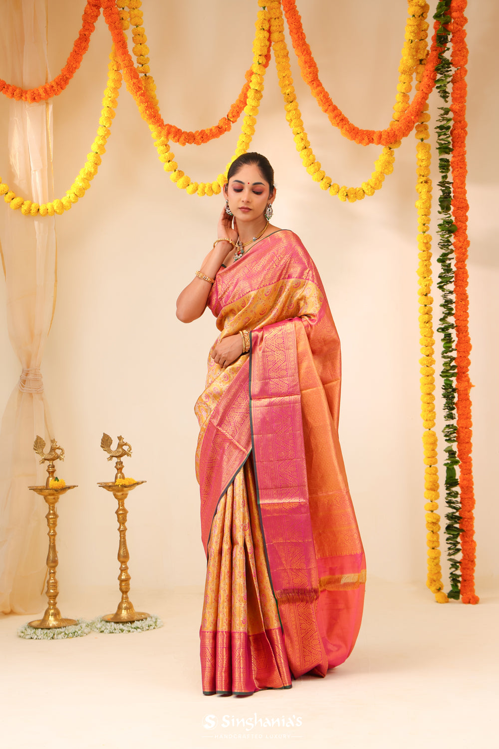 Golden Orange Tissue Kanjivaram Saree With Floral Jaal Weaving