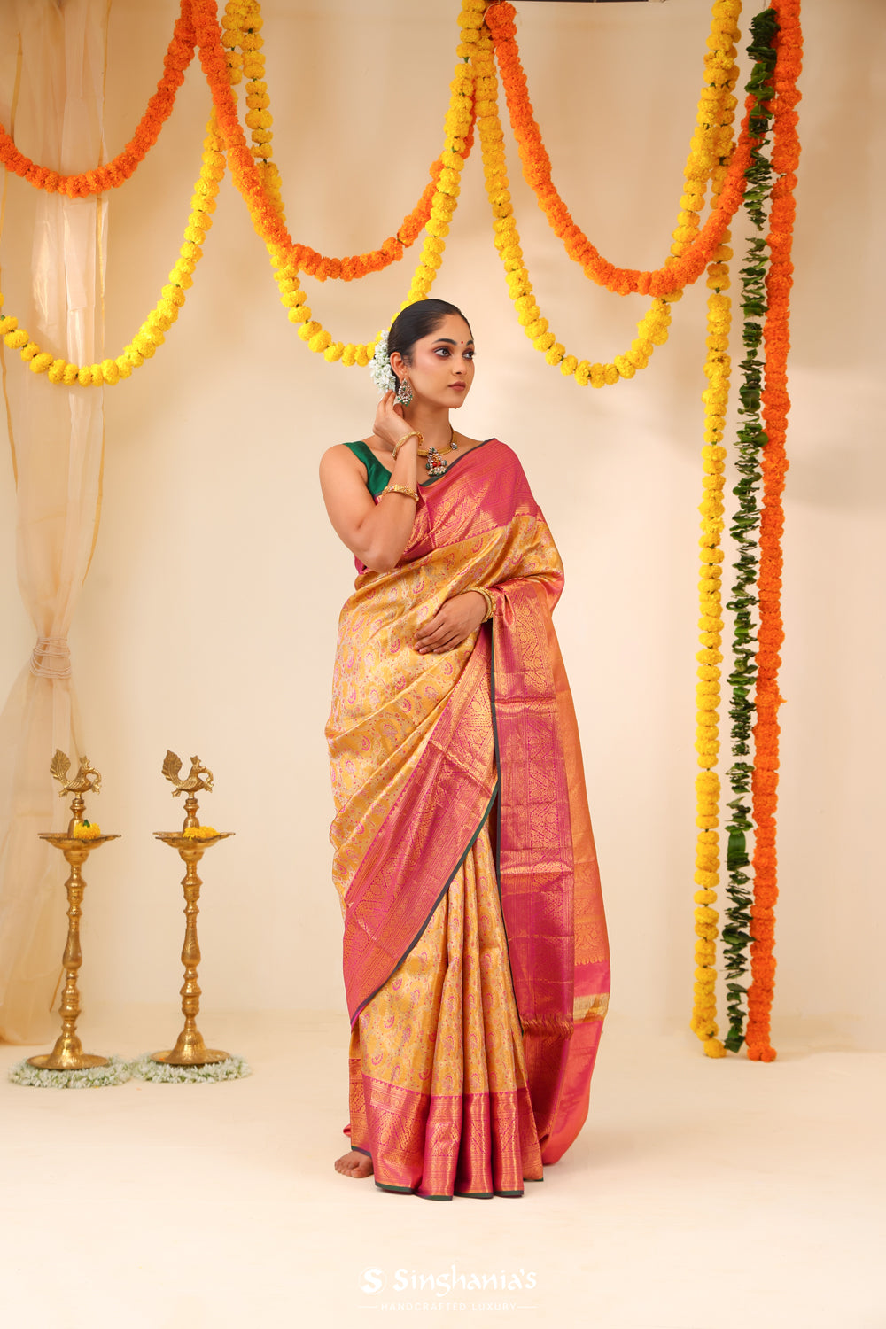 Golden Orange Tissue Kanjivaram Saree With Floral Jaal Weaving