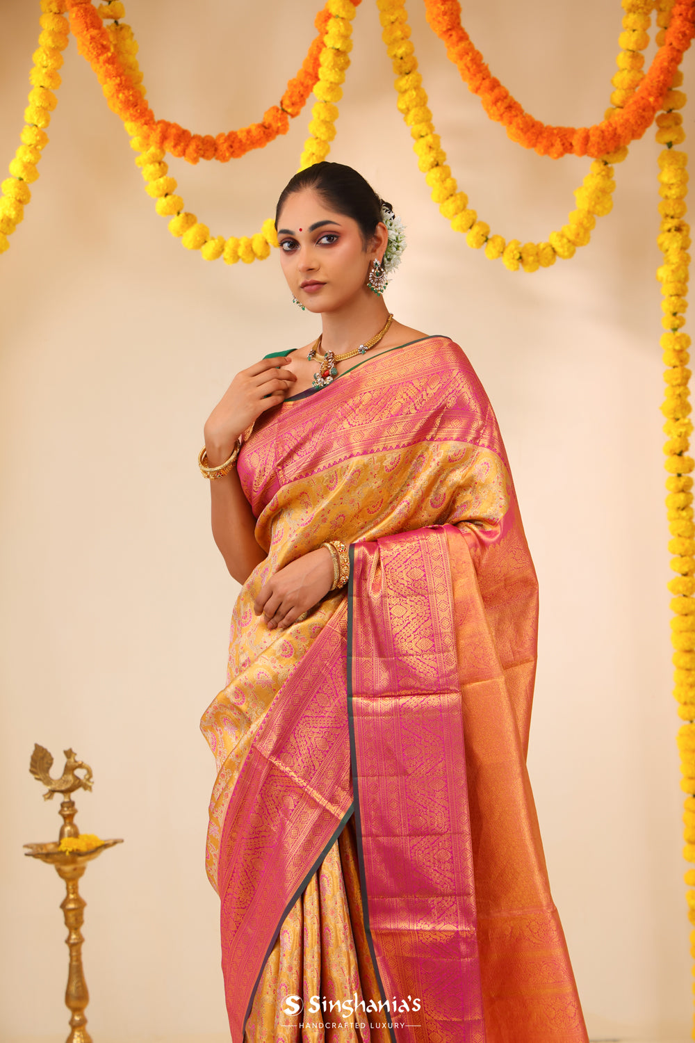 Golden Orange Tissue Kanjivaram Saree With Floral Jaal Weaving