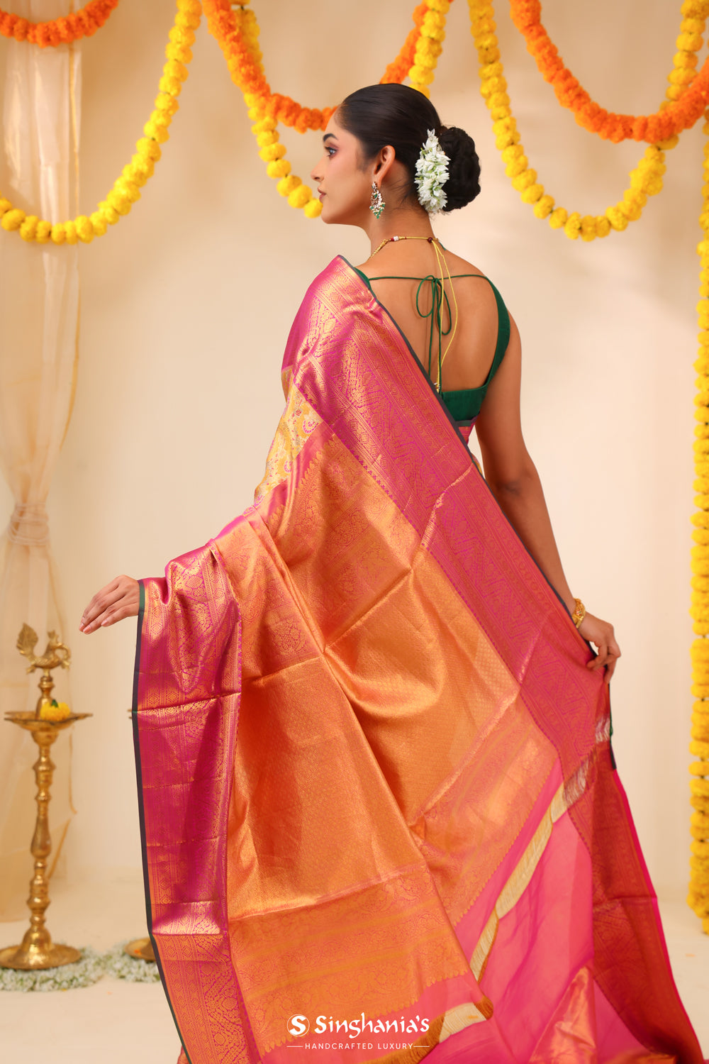 Golden Orange Tissue Kanjivaram Saree With Floral Jaal Weaving