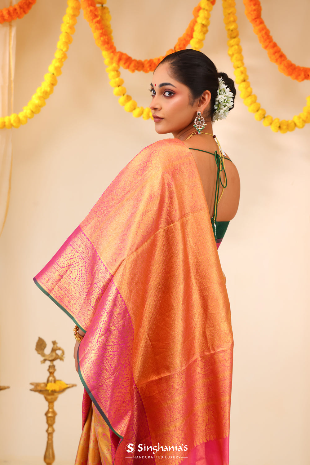 Golden Orange Tissue Kanjivaram Saree With Floral Jaal Weaving