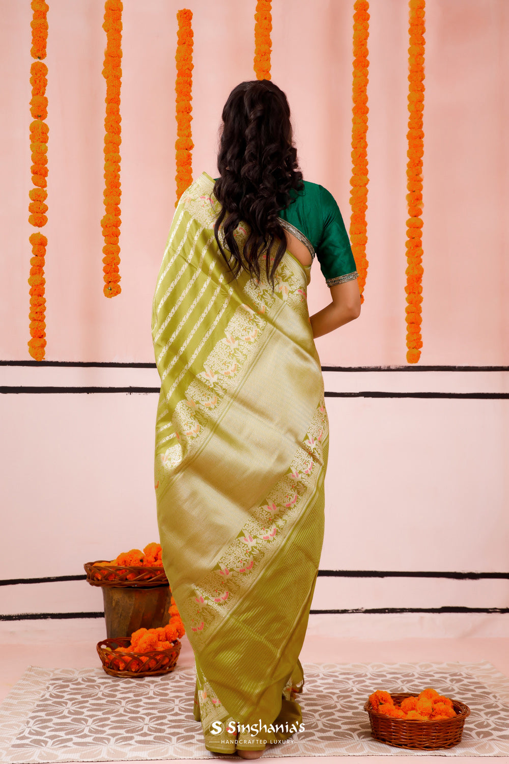 Pear Green Banarasi Silk Saree With Floral-Crane Weaving