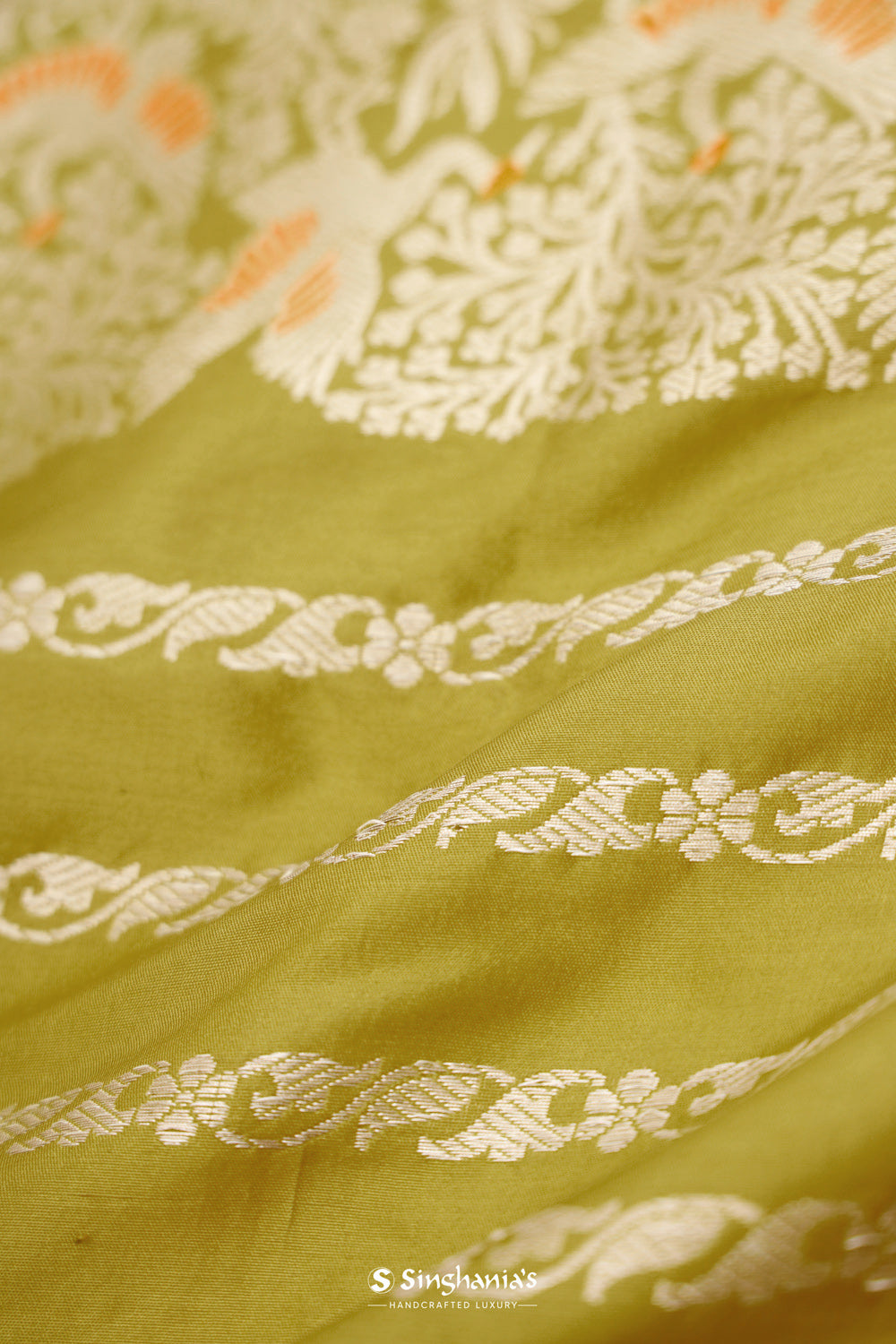 Pear Green Banarasi Silk Saree With Floral-Crane Weaving