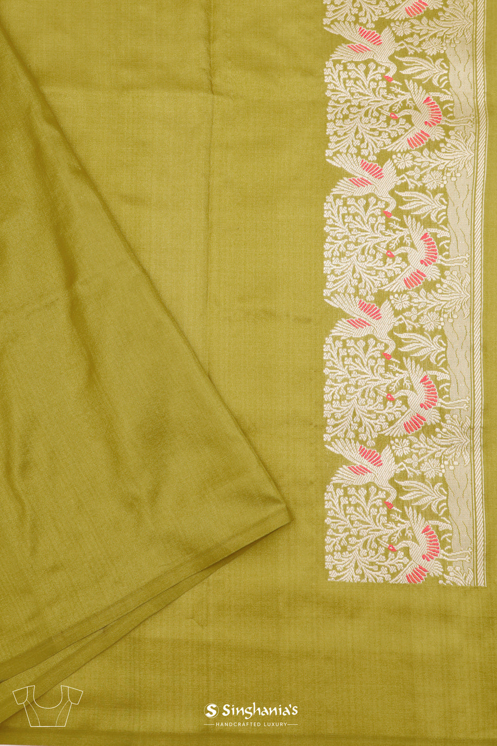 Pear Green Banarasi Silk Saree With Floral-Crane Weaving