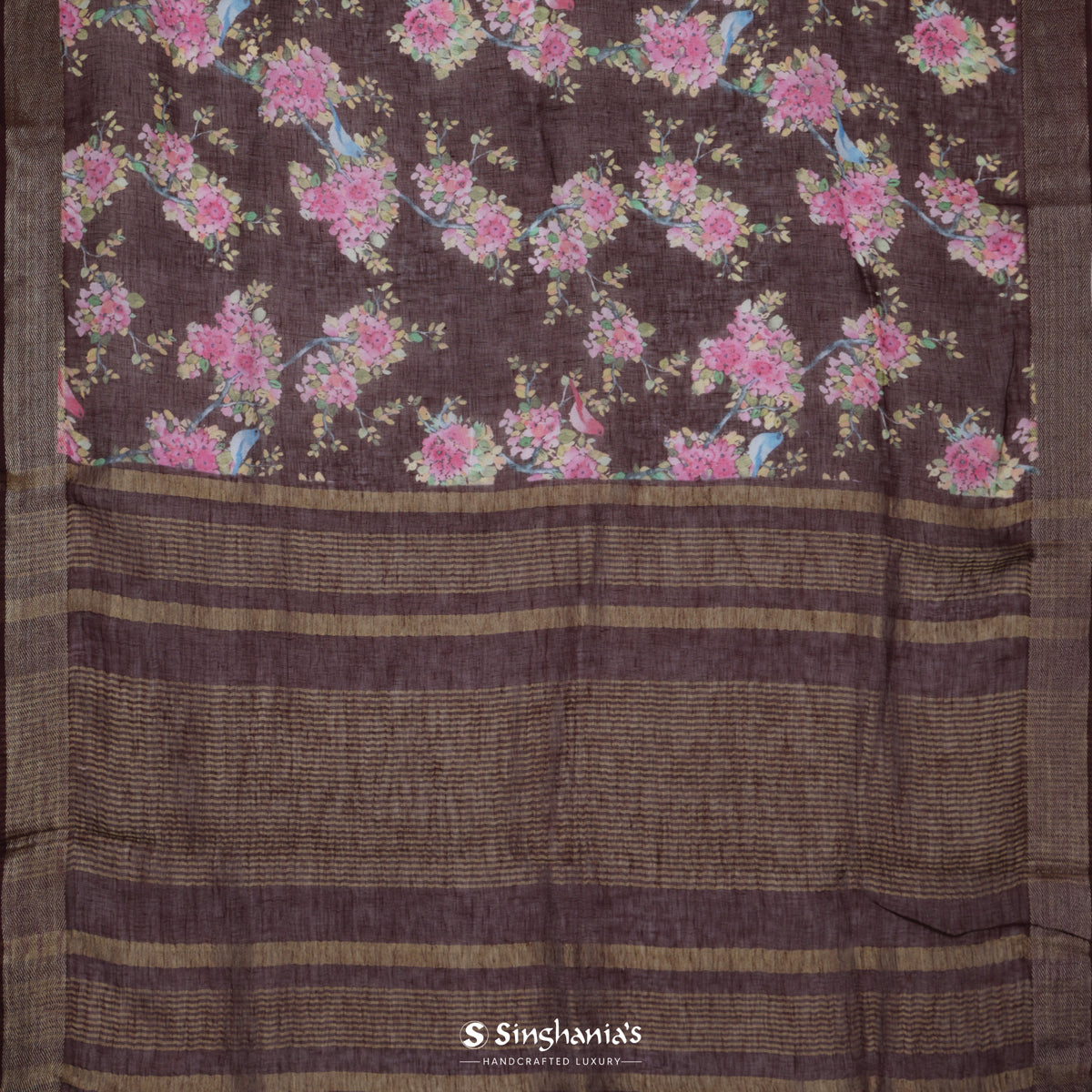 Brown Coffee Printed Linen Saree With Floral Pattern